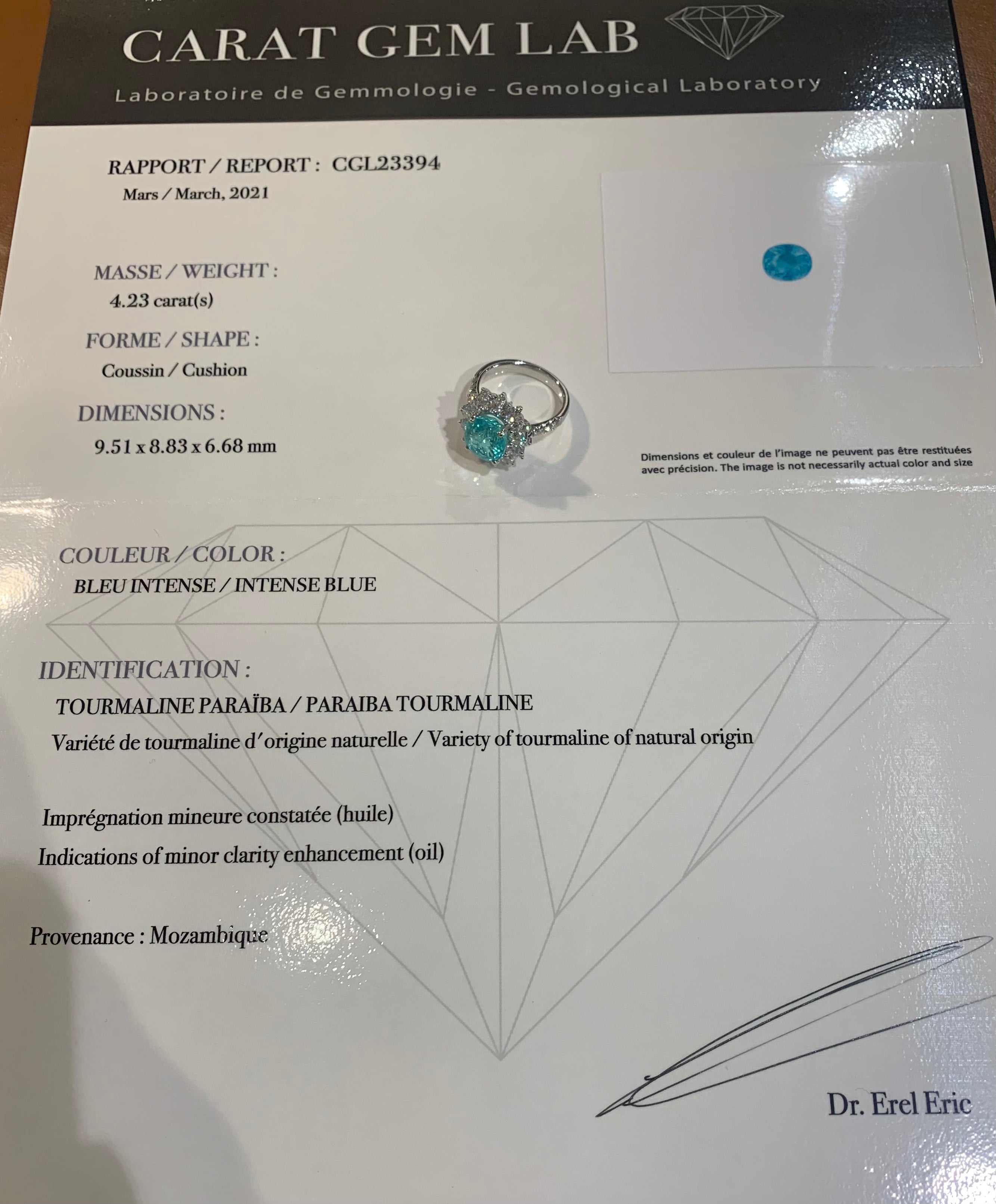 Certified 4.22 Carats Paraïba Tourmaline 1.60 Carats Diamonds 18K White Gold Ring