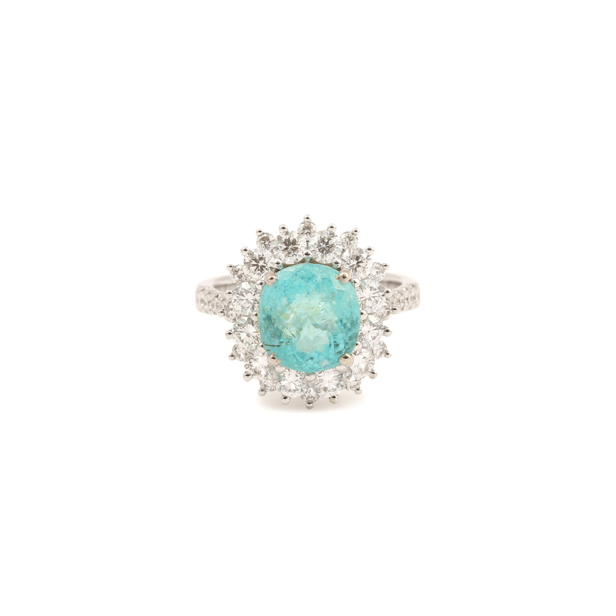 Certified 4.22 Carats Paraïba Tourmaline 1.60 Carats Diamonds 18K White Gold Ring