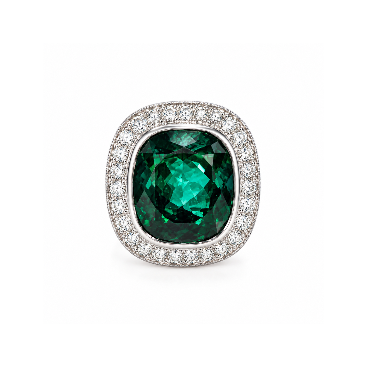 Bague Tourmaline Verte 8 Carats Diamants Or Gris 18 Carats