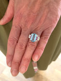 Bague Aigue-Marine 3 Carats Saphirs Roses Diamants Or Gris 18 Carats