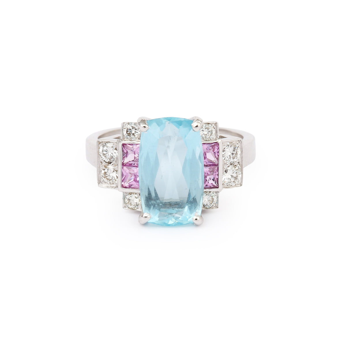 Bague Aigue-Marine 3 Carats Saphirs Roses Diamants Or Gris 18 Carats