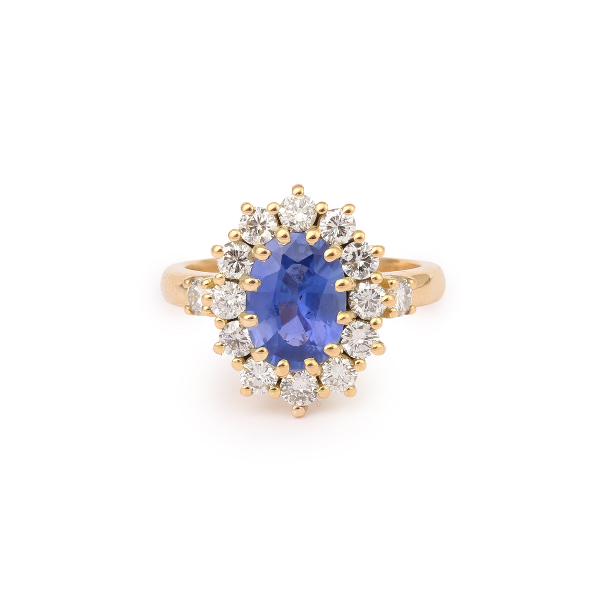 Bague Pompadour Saphir Ceylan Non Chauffé 2.20 Carats Diamants Or Jaune 18 Carats