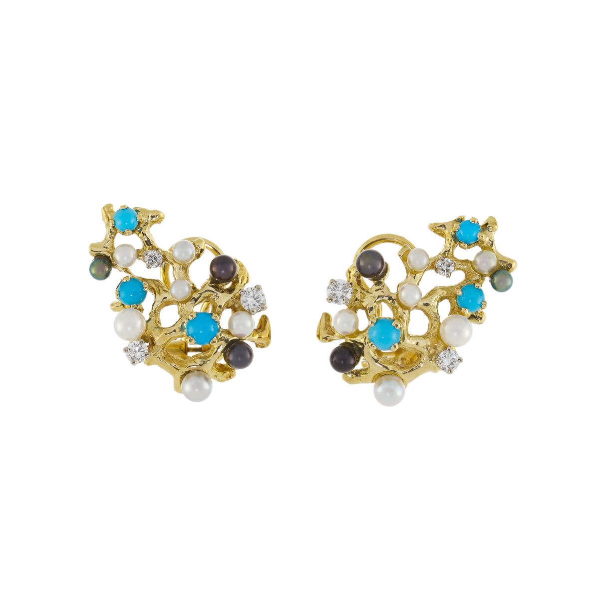 Clips d'Oreilles Gilbert Albert Turquoises Diamants Perles Or jaune 18 carats