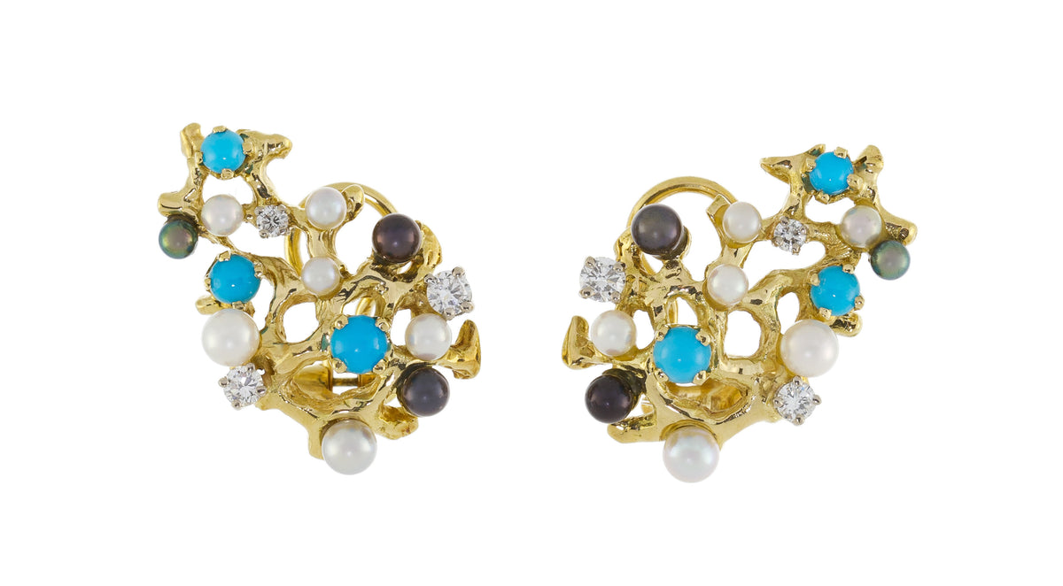 Clips d'Oreilles Gilbert Albert Turquoises Diamants Perles Or jaune 18 carats
