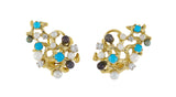 Clips d'Oreilles Gilbert Albert Turquoises Diamants Perles Or jaune 18 carats