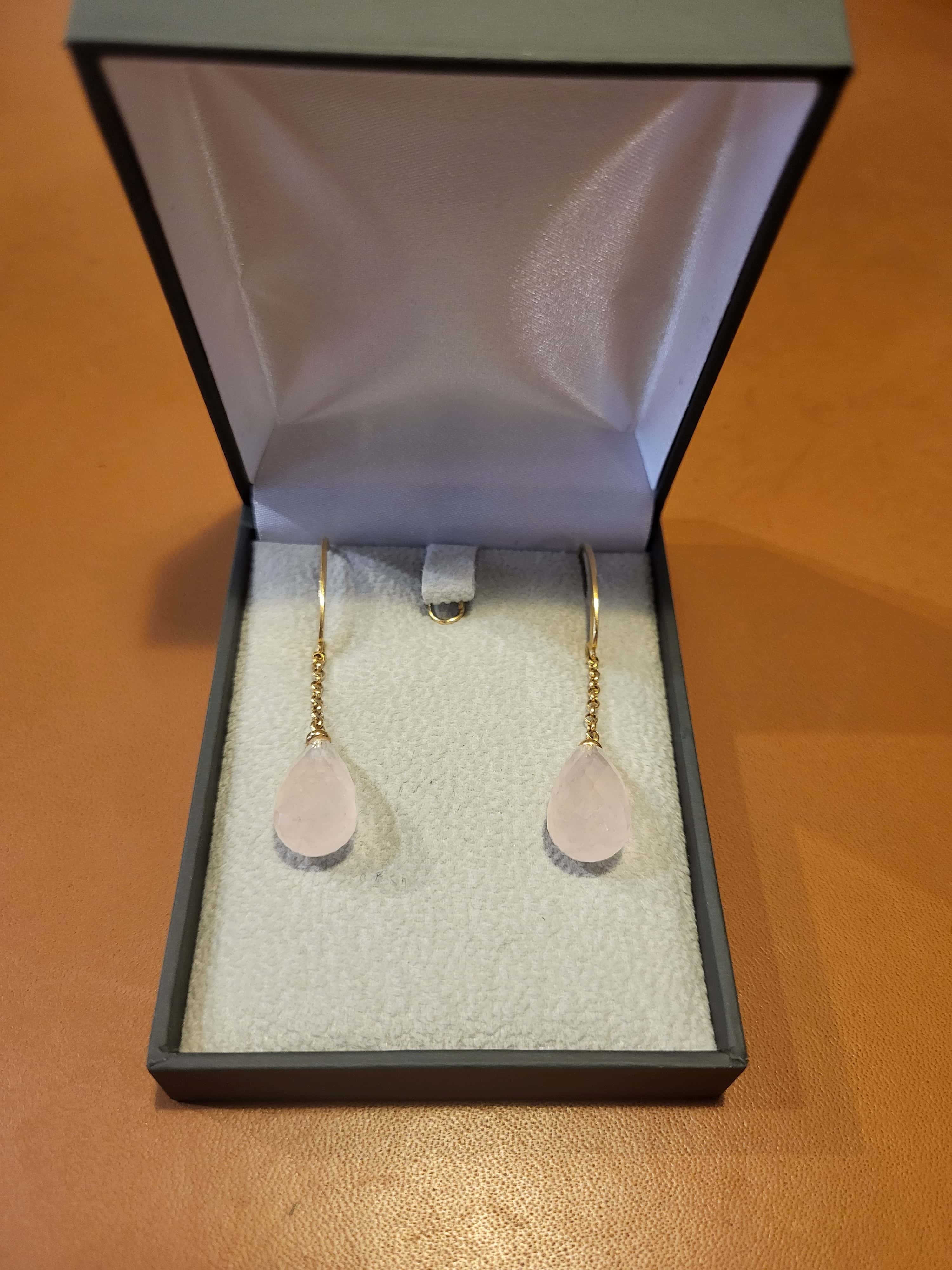 Boucles d’Oreilles Gouttes Quartz Rose Or Jaune 18 carats