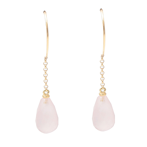 Boucles d’Oreilles Gouttes Quartz Rose Or Jaune 18 carats
