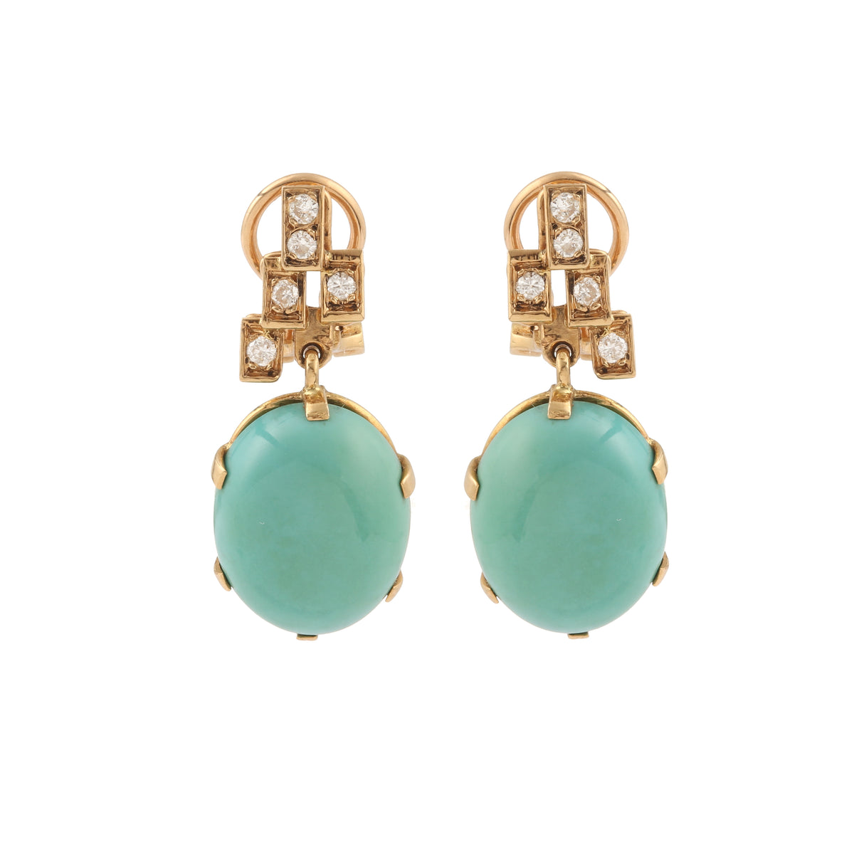 Vintage Turquoises Diamonds 18 Carats Yellow Gold Earrings