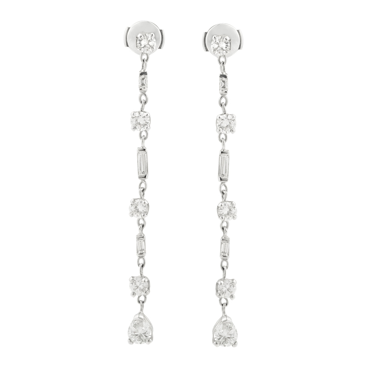 Boucles D’Oreilles Diamants Poire Diamants Baguette 4.50 Carats Or Gris 18 Carats