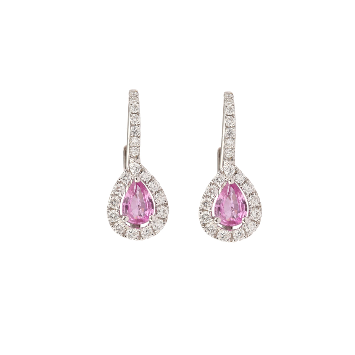 Boucles d'Oreilles Dormeuses Saphirs Roses Diamants Or Gris 18 Carats