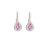 Boucles d'Oreilles Dormeuses Saphirs Roses Diamants Or Gris 18 Carats