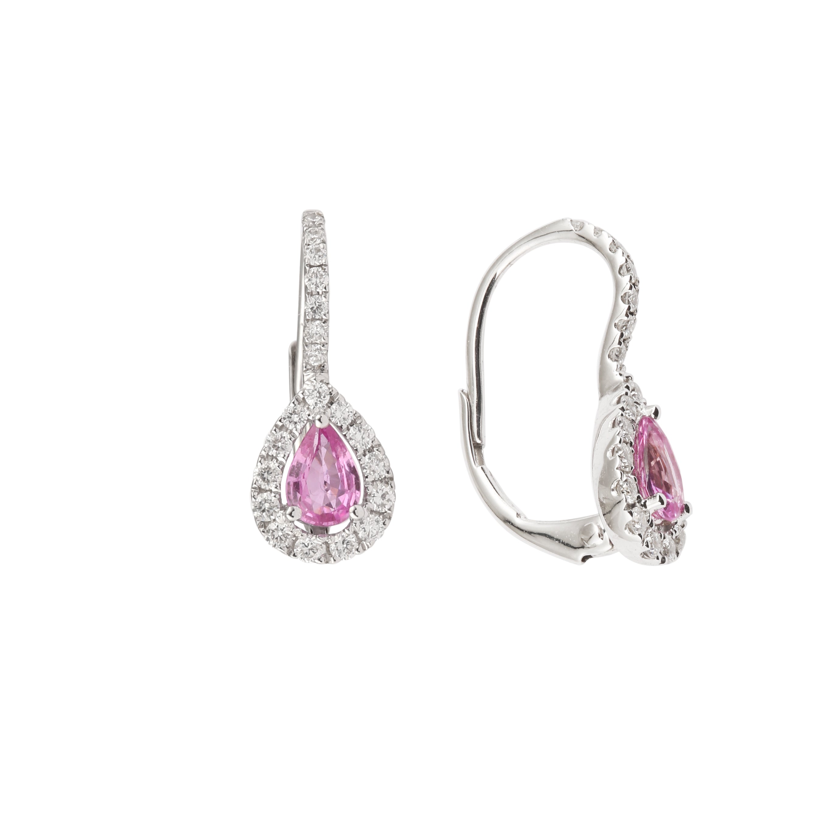Boucles d'Oreilles Dormeuses Saphirs Roses Diamants Or Gris 18 Carats
