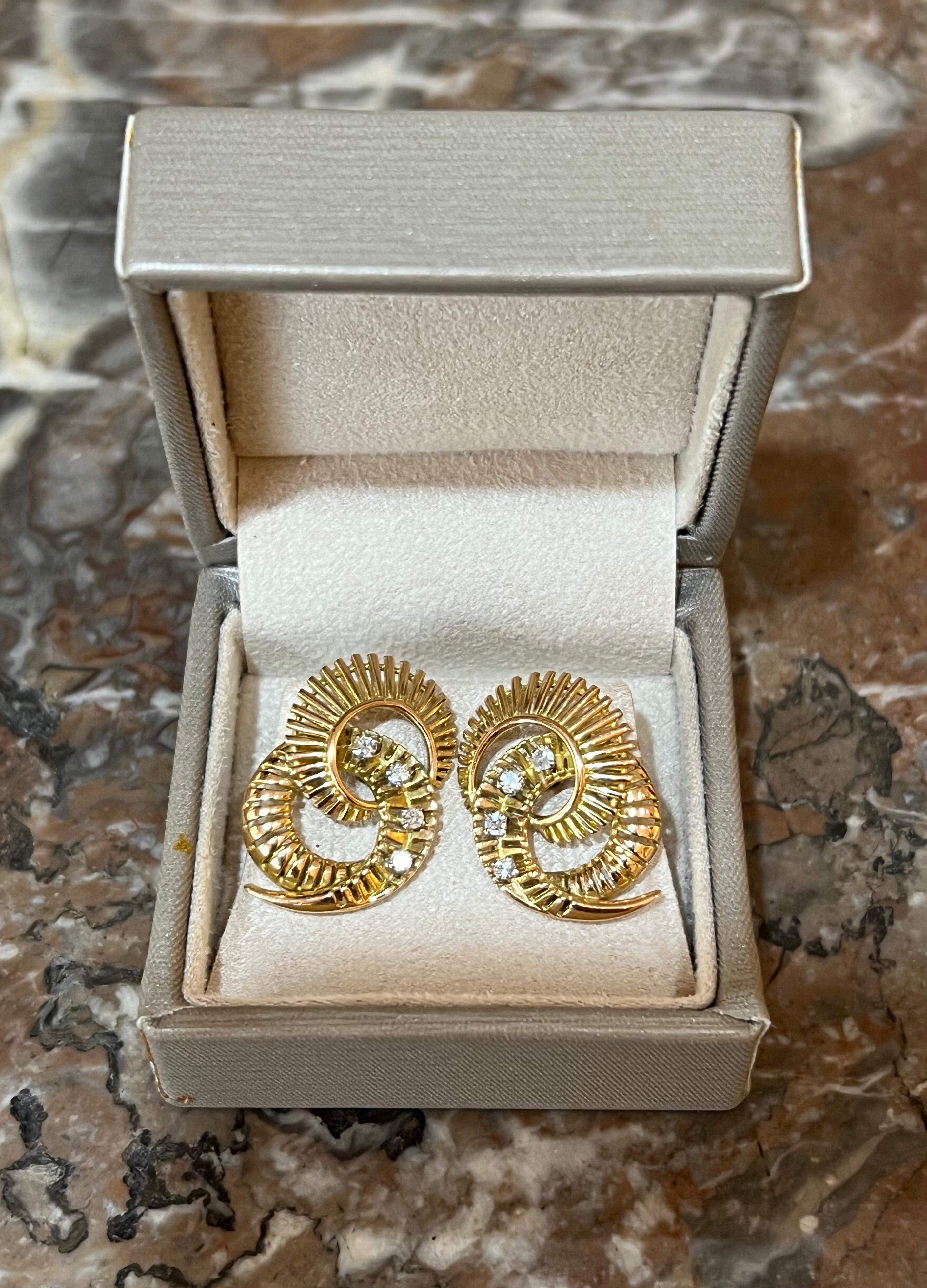 Retro Diamonds 14 Carat Yellow Gold Whirlwind Earrings