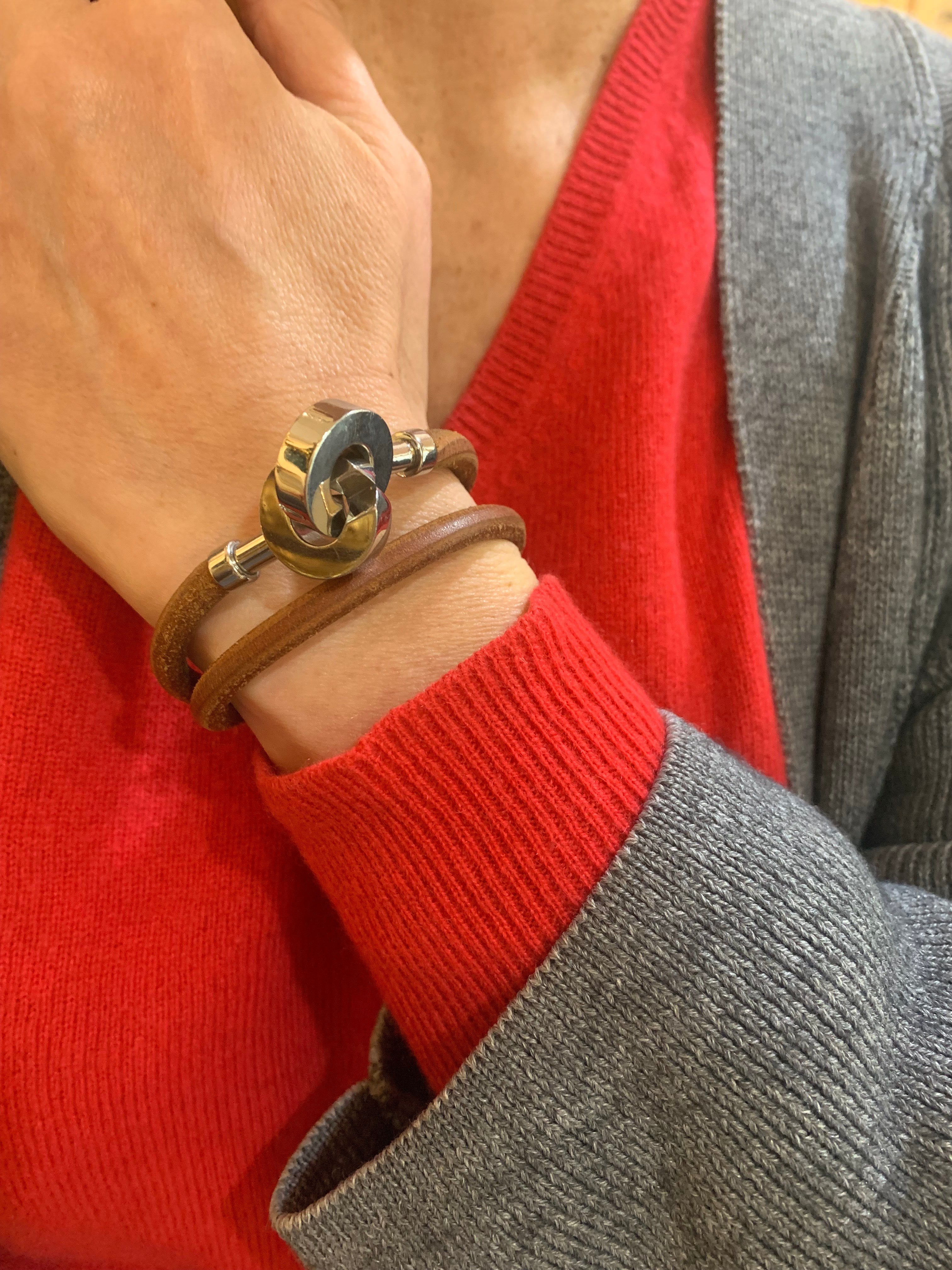 Hermès Lancelot Silvery Double Leather Bracelet