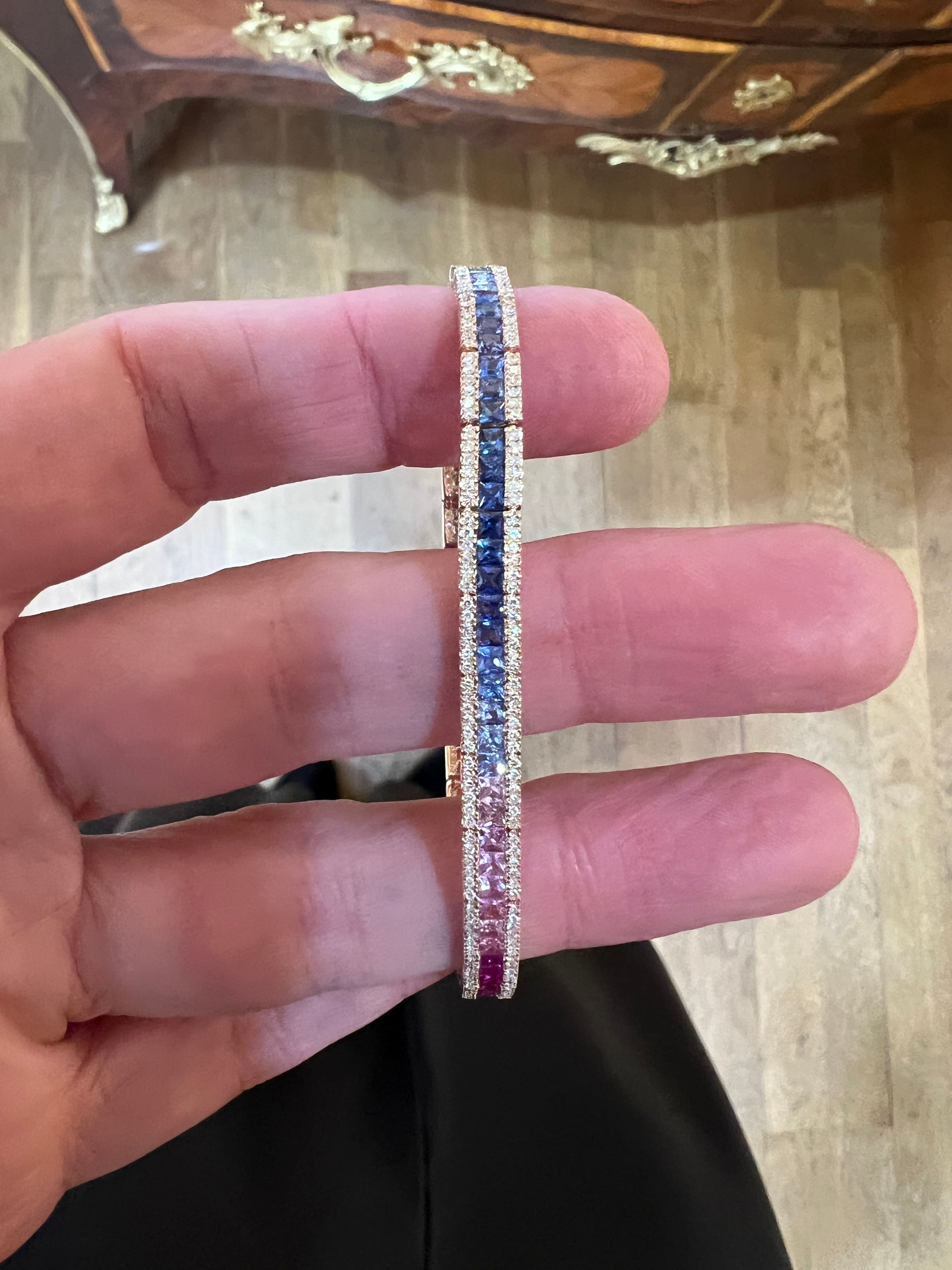 Bracelet Tennis Carats Saphirs Arc-En-Ciel Diamants Or Rose 18 Carats