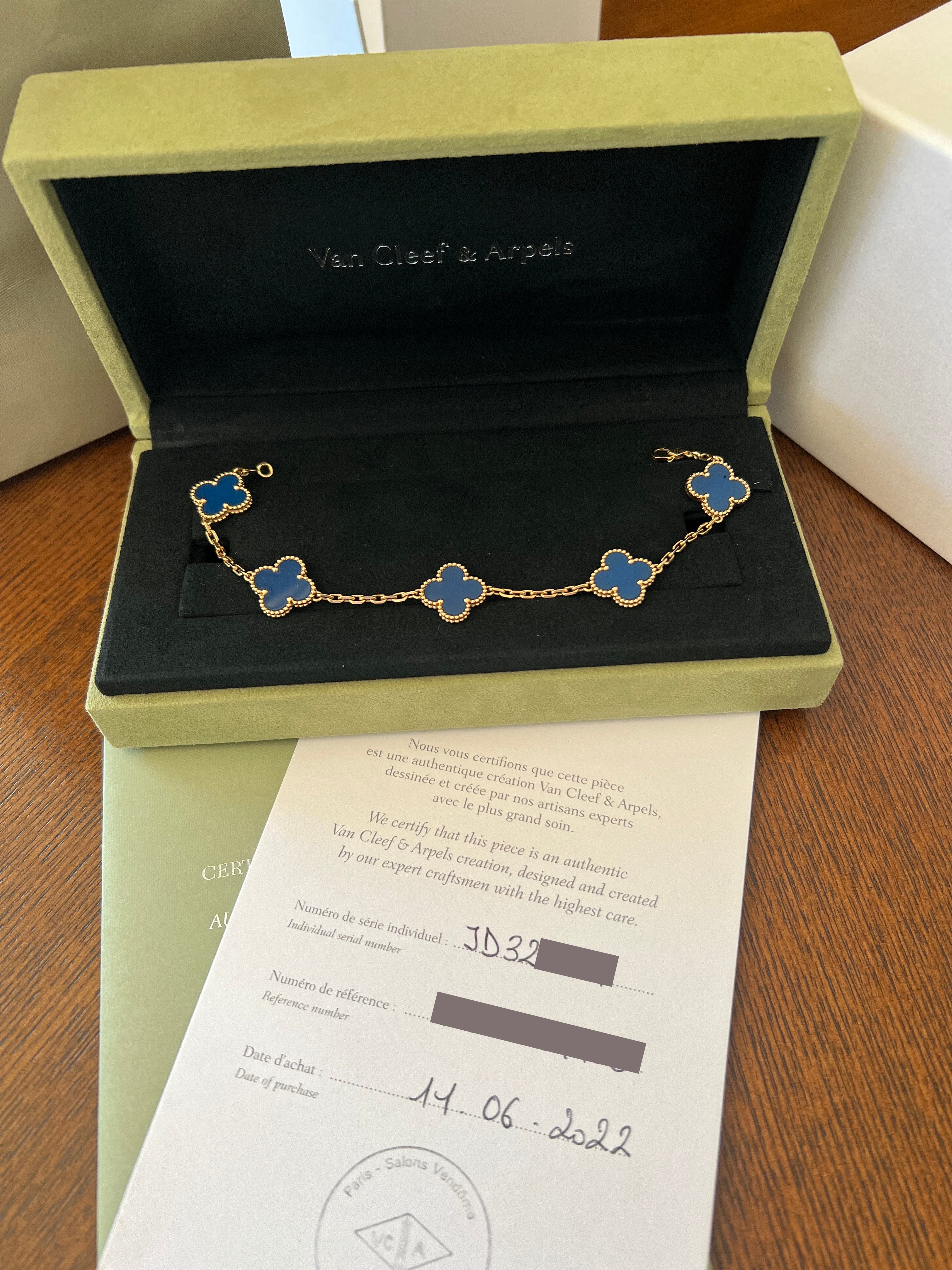 Bracelet Van Cleef & Arpels Vintage Alhambra 5 Motifs Agate Bleue Or Jaune 18 Carats