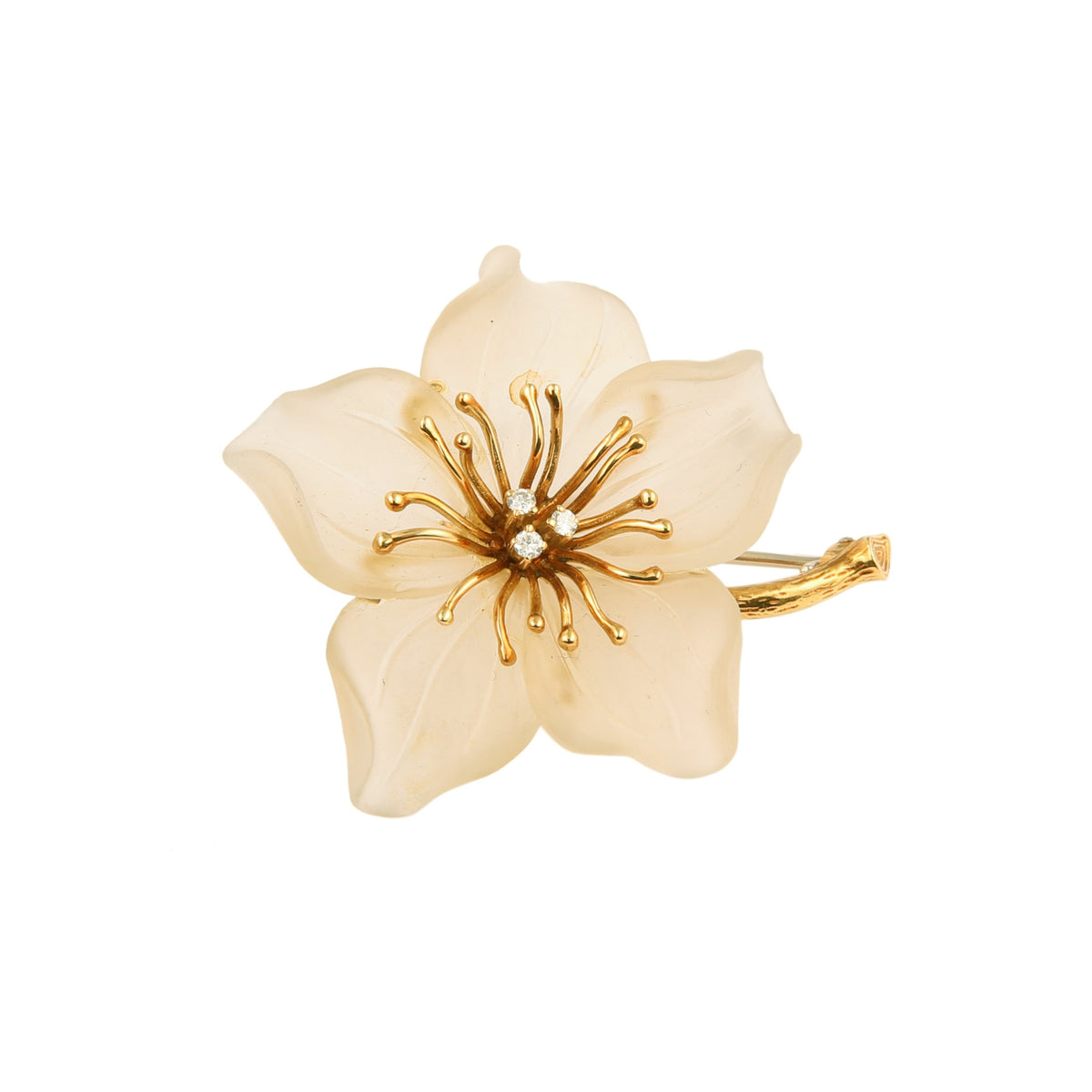 Vintage Rock Crystal Diamonds 18 Carats Yellow Gold Lilly Brooch
