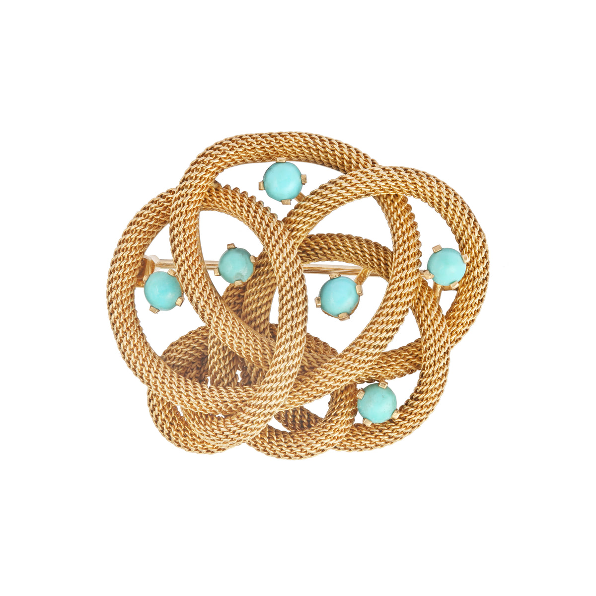 Vintage Turquoises 18 Carat Yellow Gold Twisted Knot Brooch