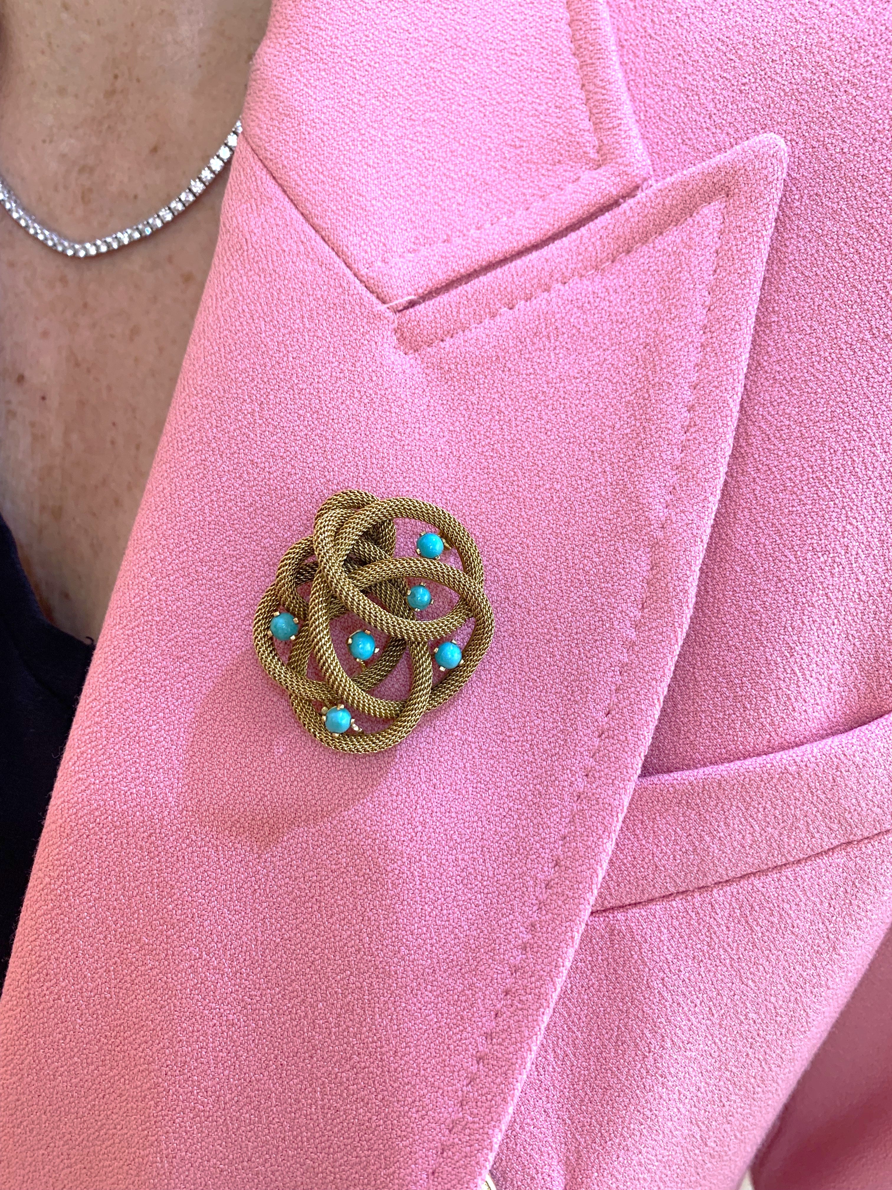 Vintage Turquoises 18 Carat Yellow Gold Twisted Knot Brooch