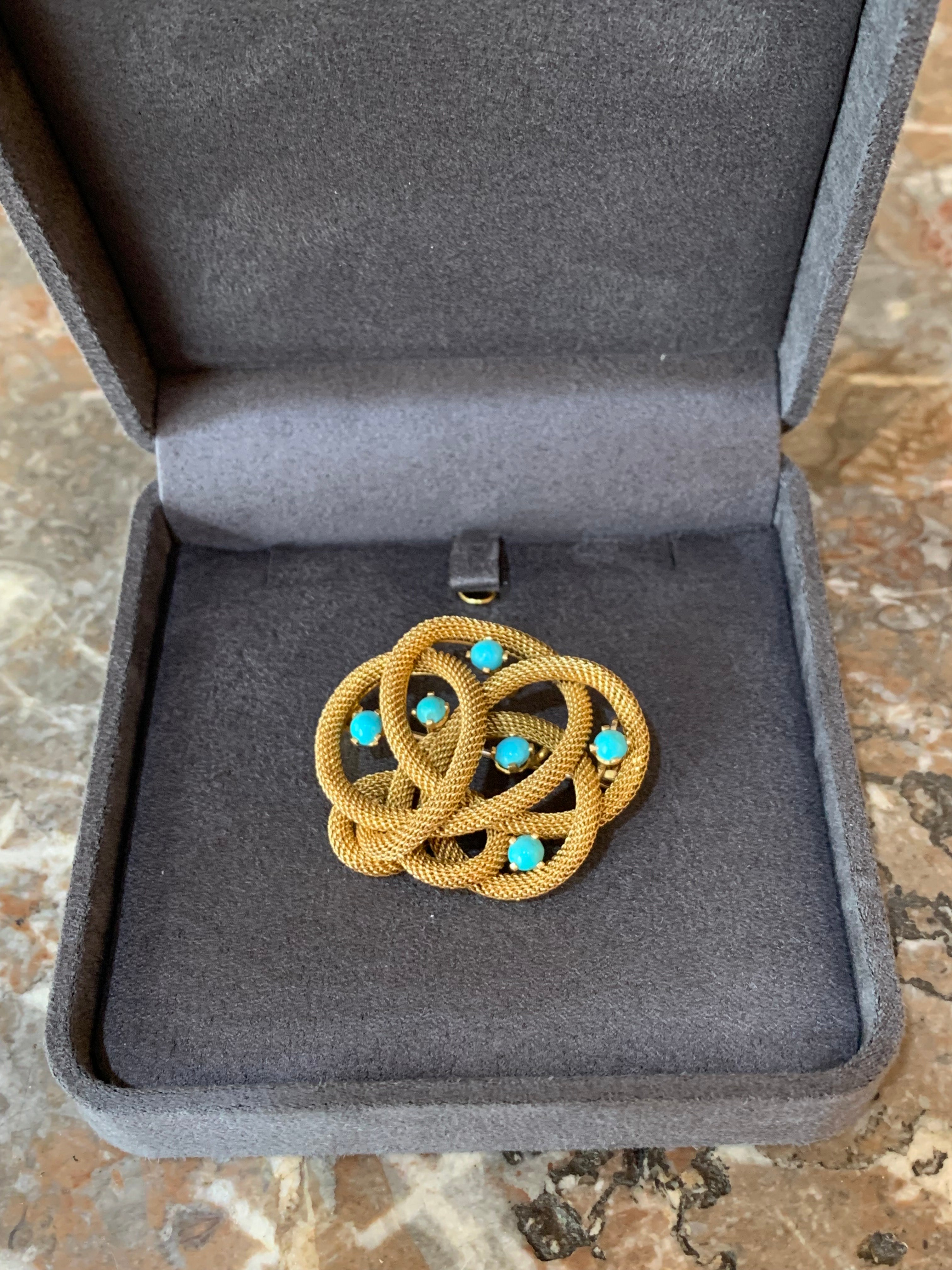 Vintage Turquoises 18 Carat Yellow Gold Twisted Knot Brooch
