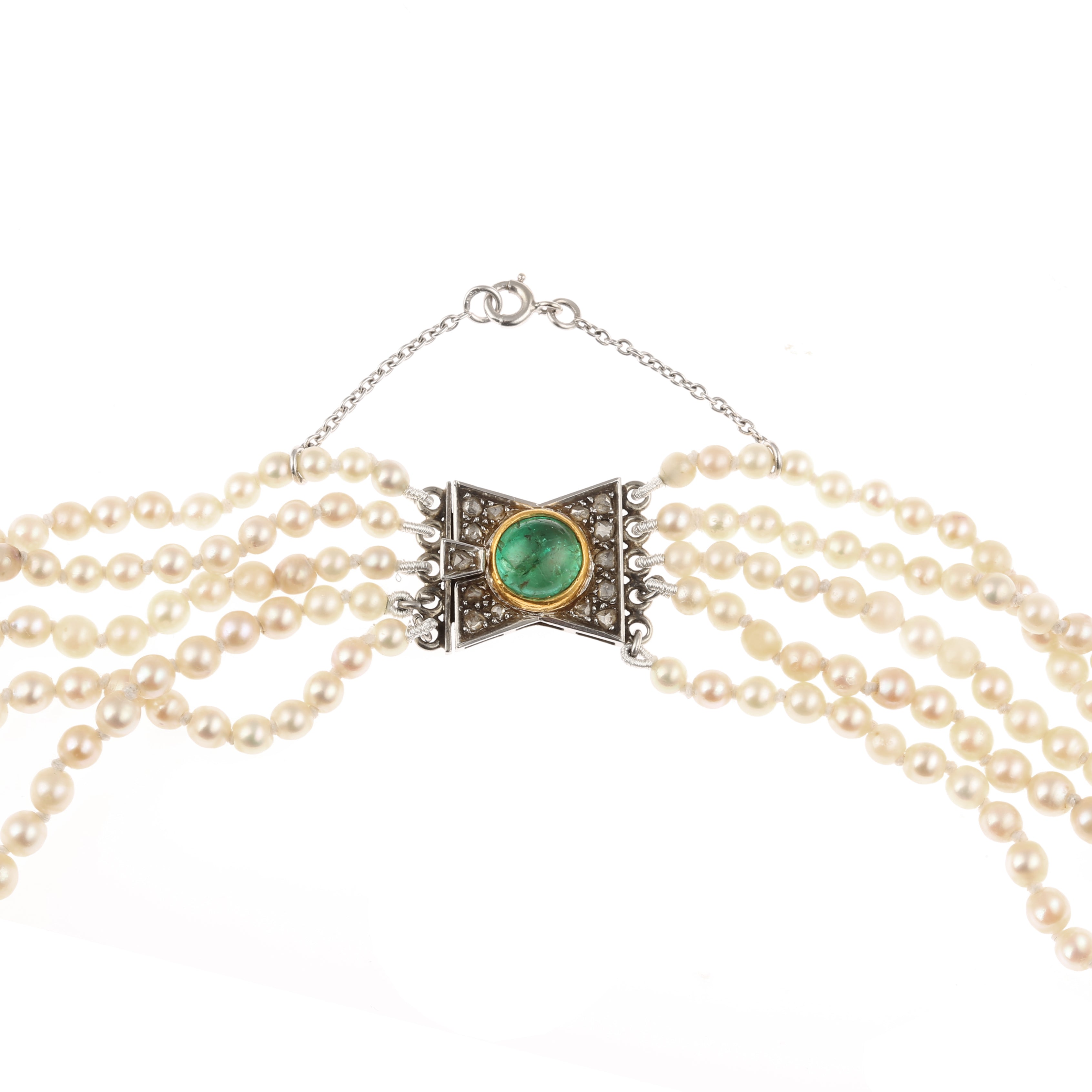 Five Rows of Pearls Emerald Diamonds 18K White Gold Art-Deco Necklace