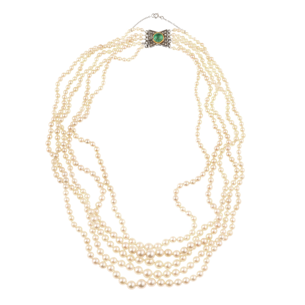 Five Rows of Pearls Emerald Diamonds 18K White Gold Art-Deco Necklace