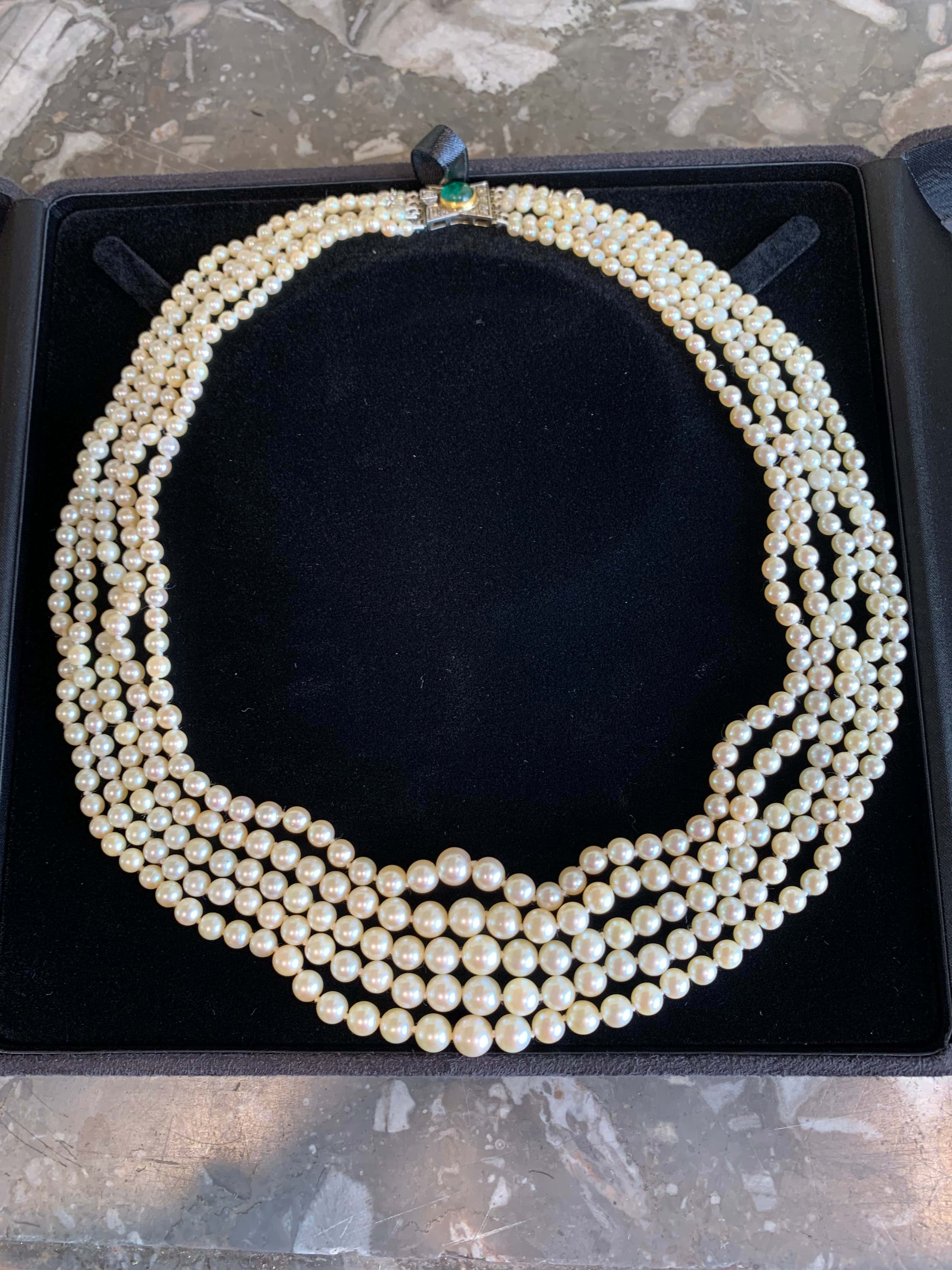 Five Rows of Pearls Emerald Diamonds 18K White Gold Art-Deco Necklace