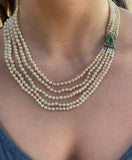 Collier Art-Déco Cinqs Rangs de Perles Diamants Emeraude Or Gris 18 Carats