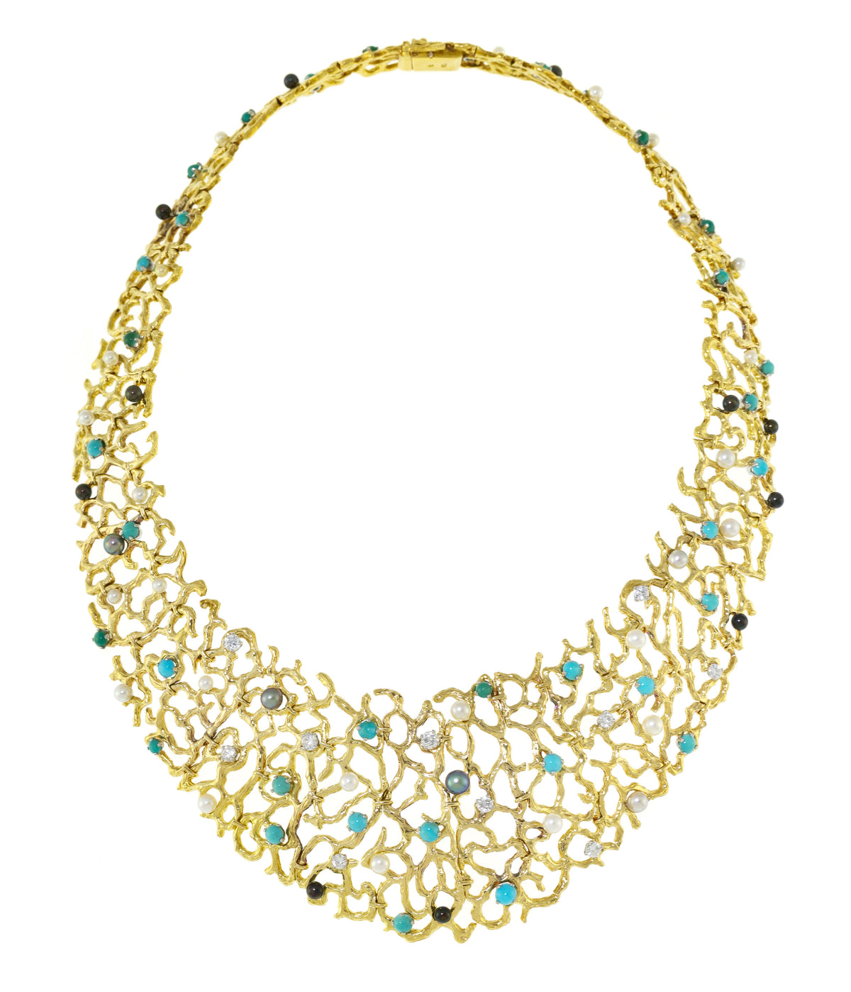 Collier Gilbert Albert Turquoises Diamants Perles Or jaune 18 carats