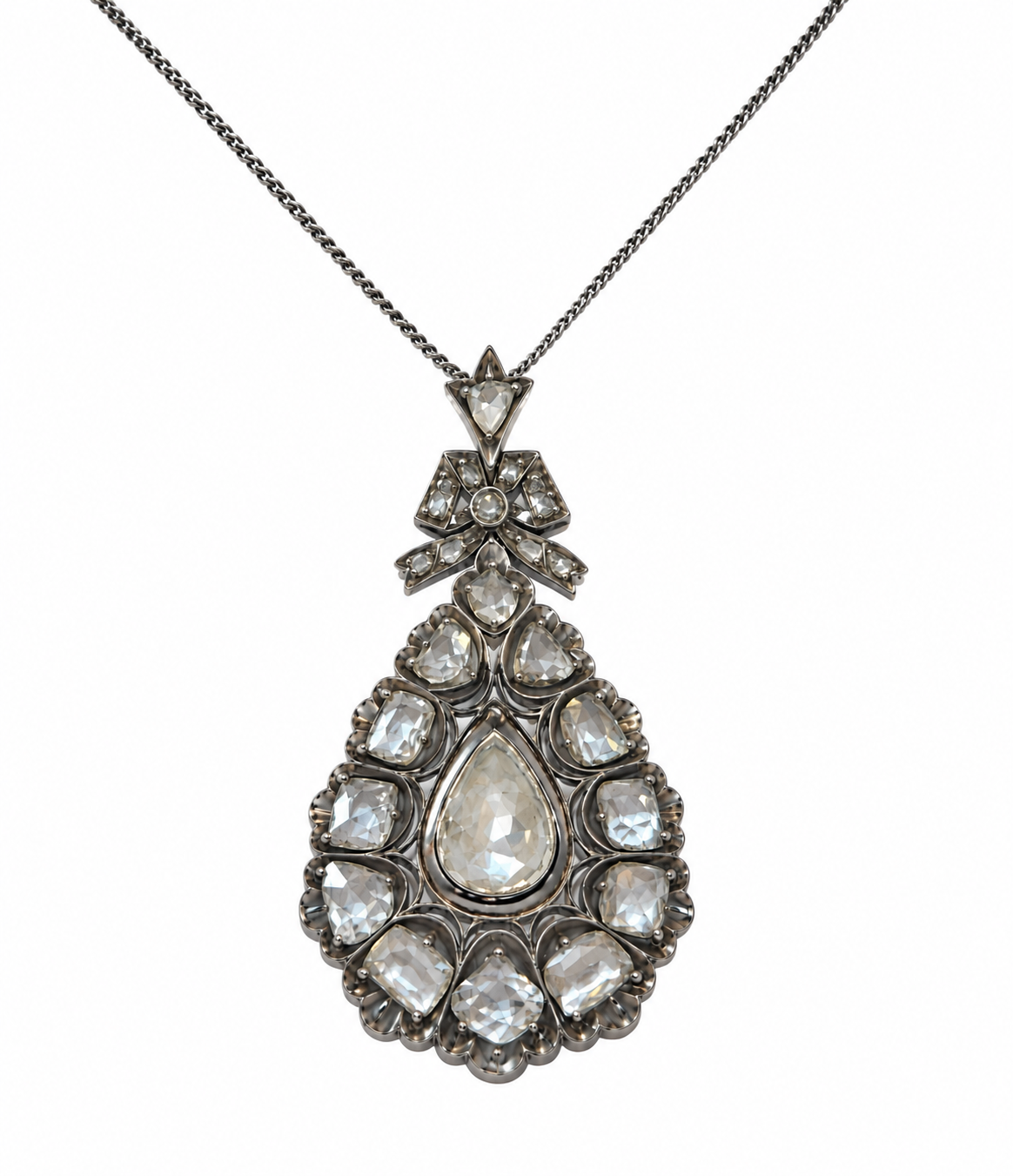 Drop and Bow Diamonds Silver 14 Carats Yellow Gold Indian Antique Pendant