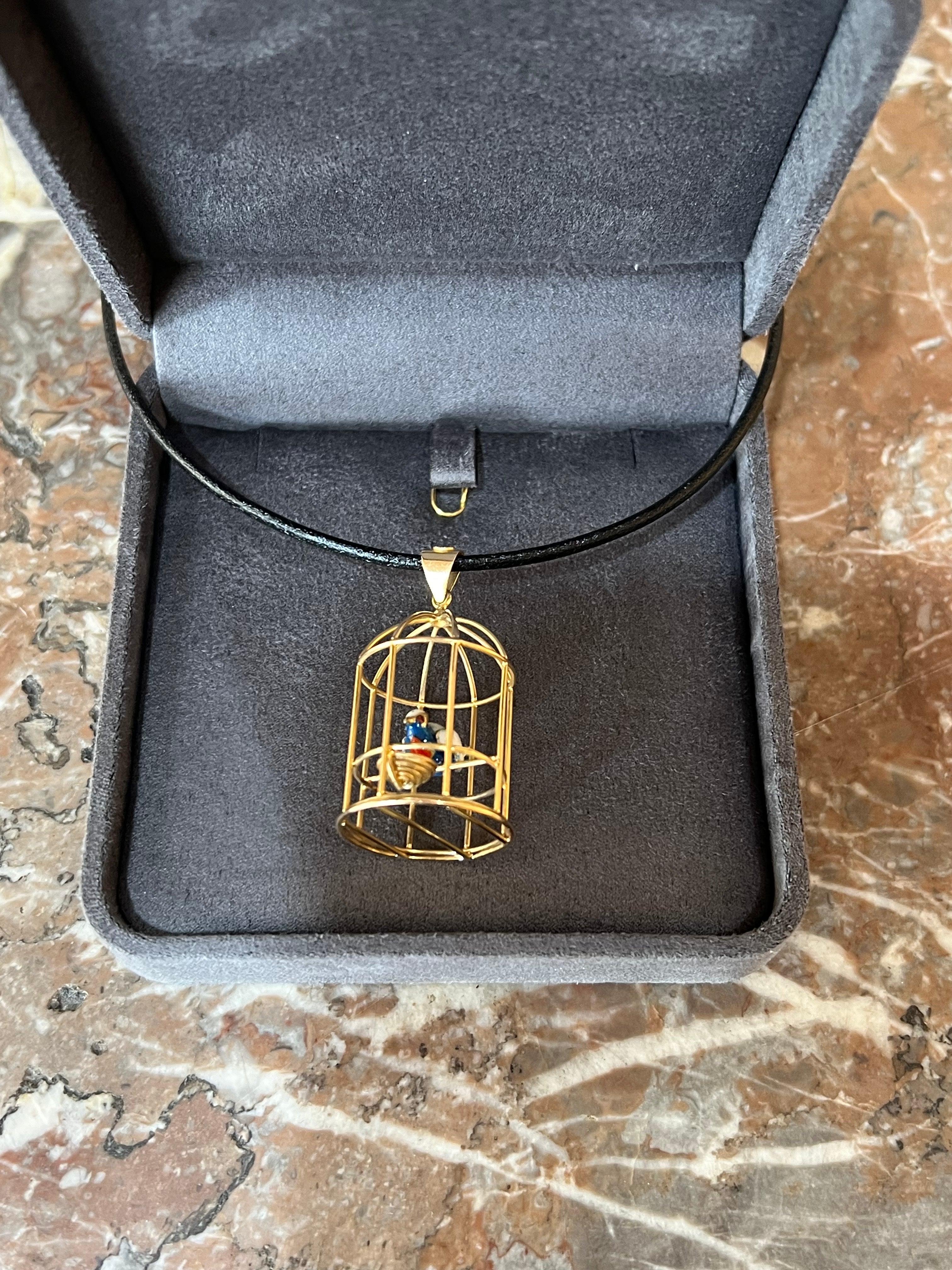 Pearls Enamel 18 Carat Yellow Gold Birdcage Pendant