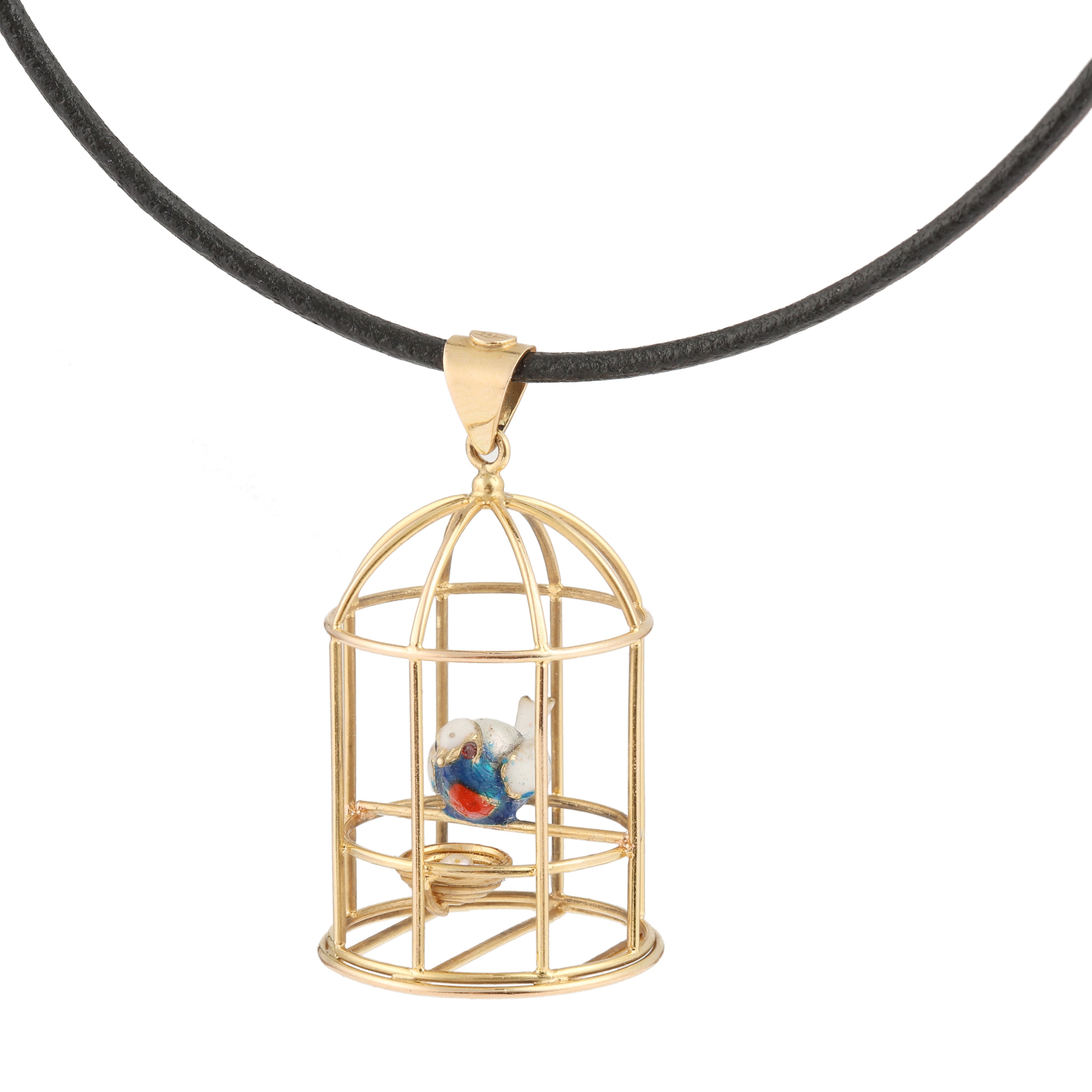 Pendentif Cage à Oiseau Email Perles Or Jaune 18 Carats