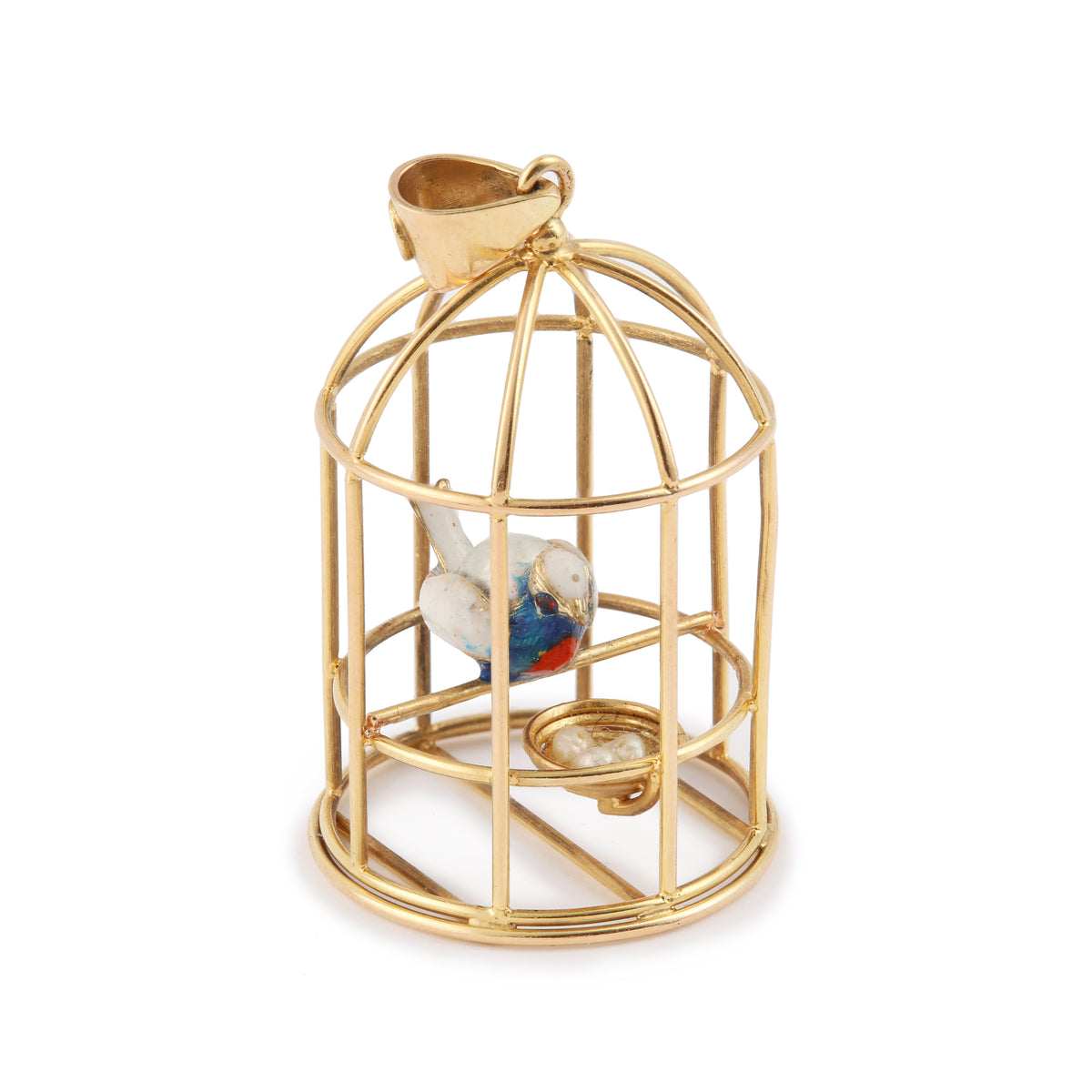 Pendentif Cage à Oiseau Email Perles Or Jaune 18 Carats