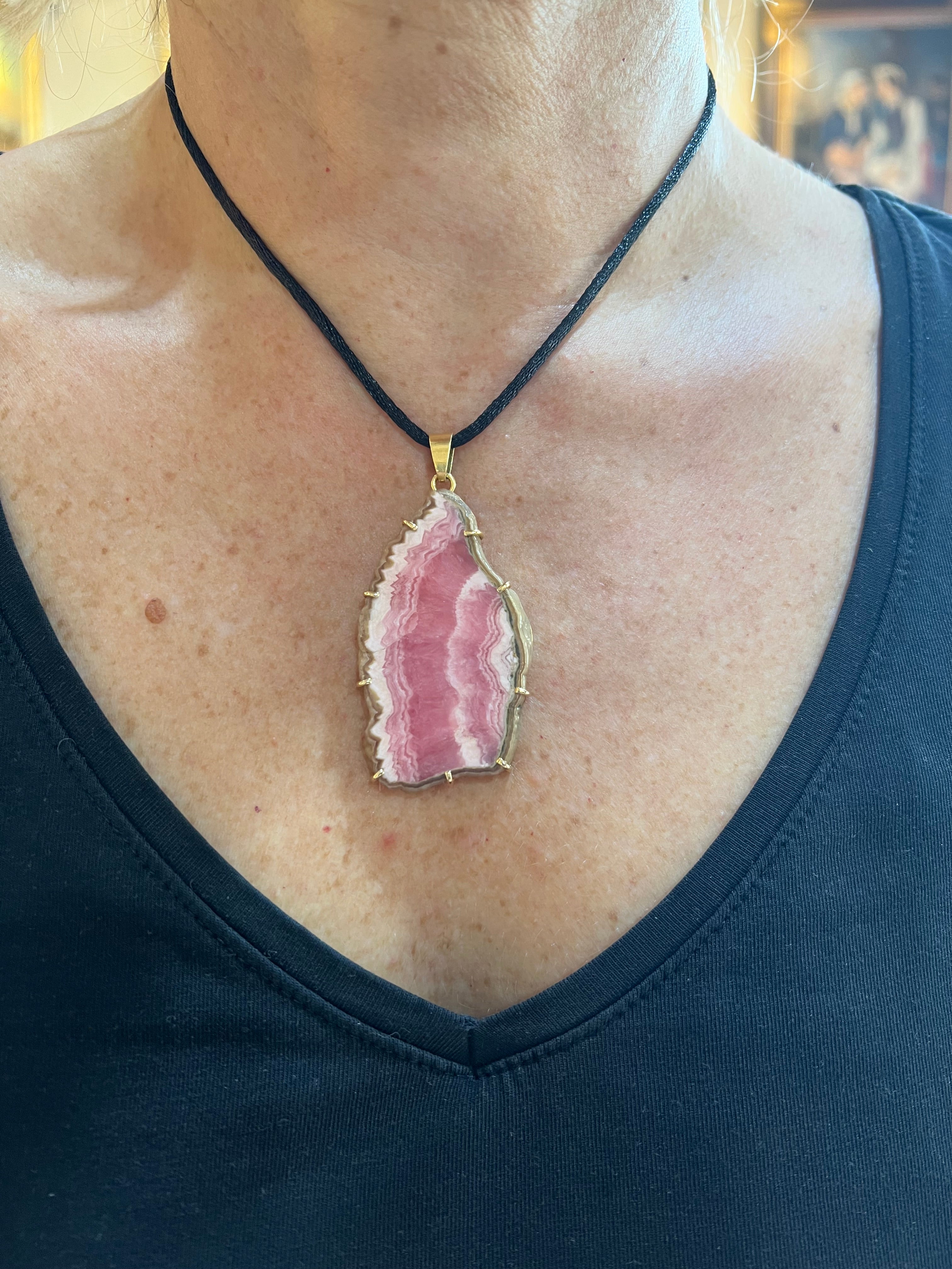Grand Pendentif Vintage Tranche Rhodochrosite Or Jaune 18 Carats