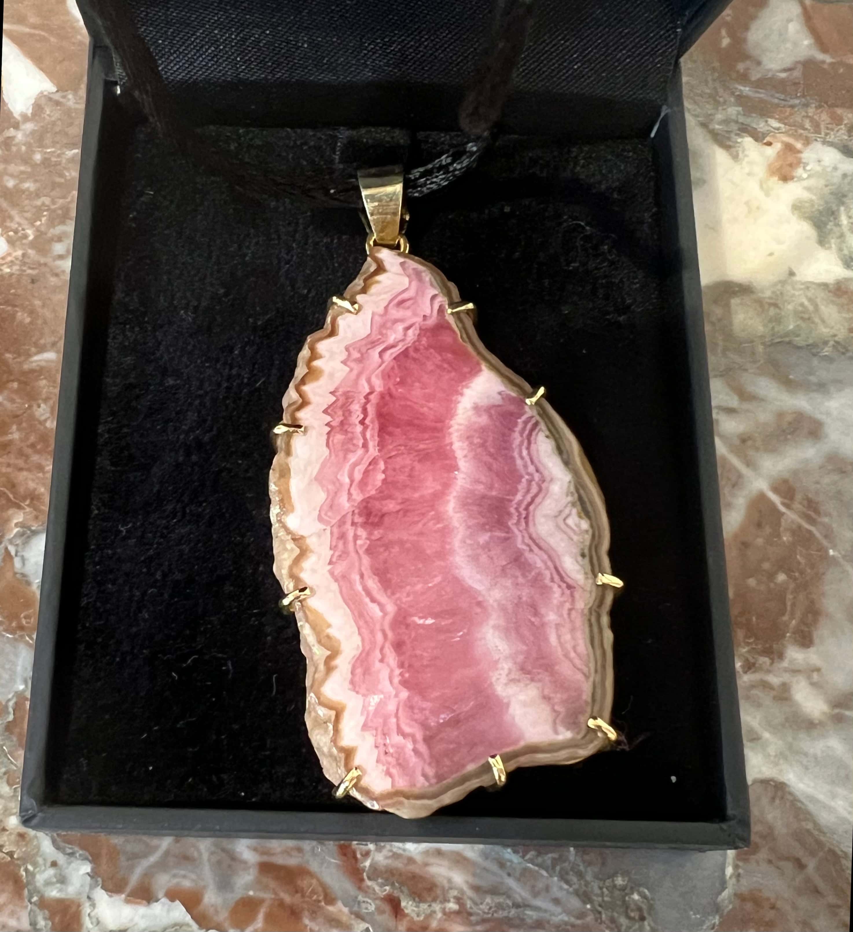 Grand Pendentif Vintage Tranche Rhodochrosite Or Jaune 18 Carats