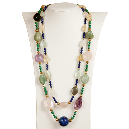 Sautoir Quartz Rose, Lapis Lazuli, Malachite, Aventurine, Calcédoine et Boules Vermeil