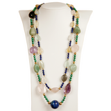 Sautoir Quartz Rose, Lapis Lazuli, Malachite, Aventurine, Calcédoine et Boules Vermeil
