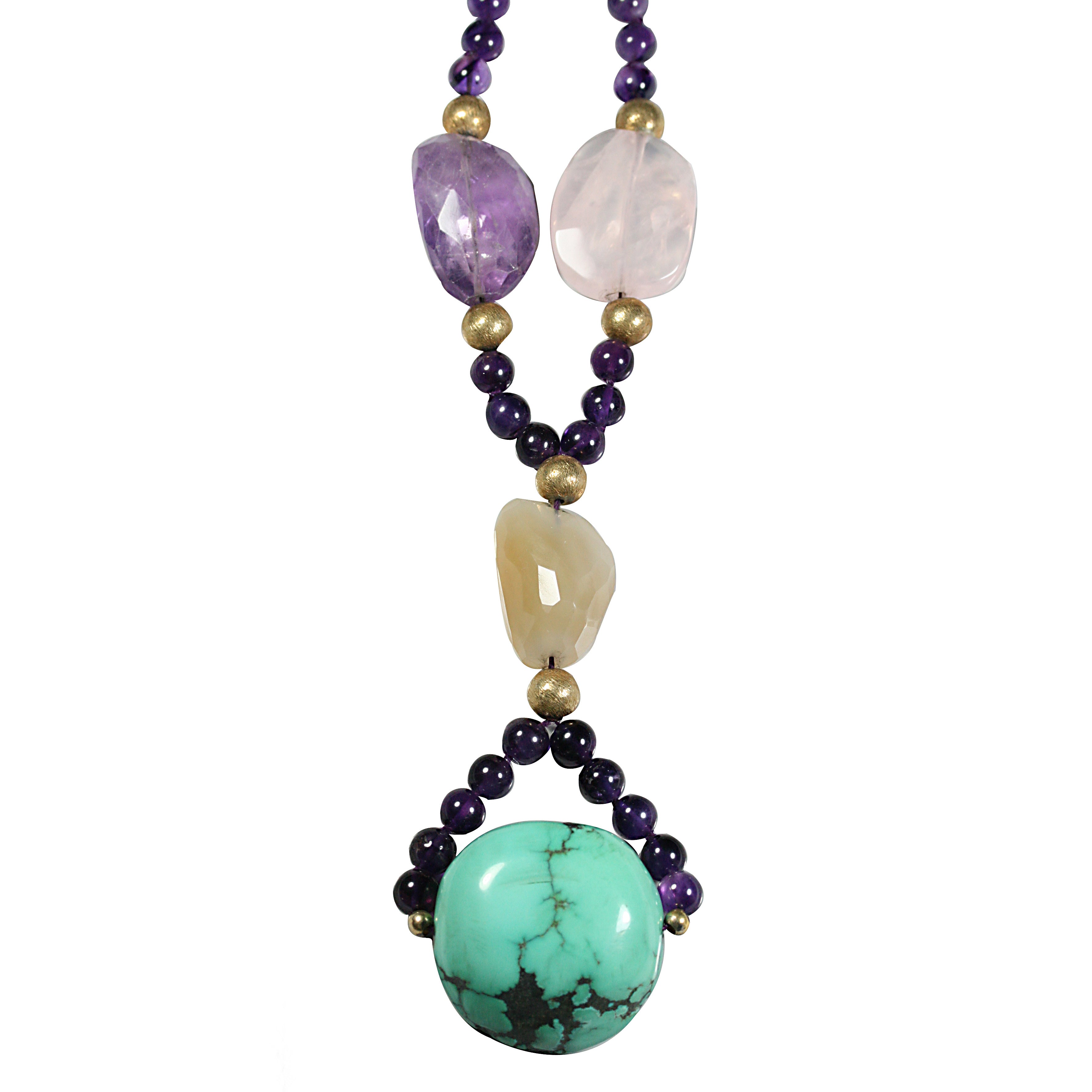 Rock cristal, pink quartz, turquoise, calchedony long multicolored necklace