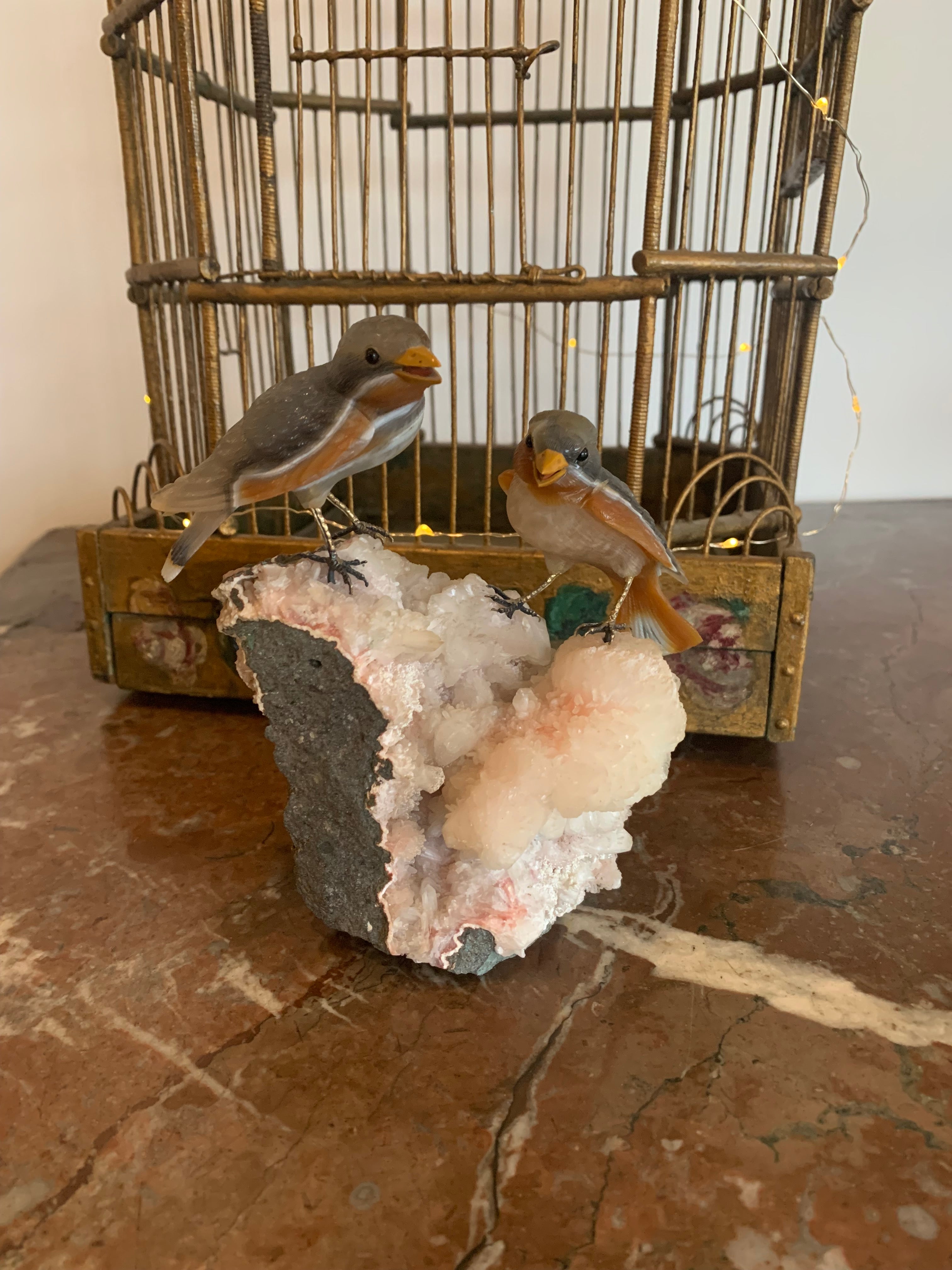 Gübelin Couple de Moineaux Sculpture Agate Calcite