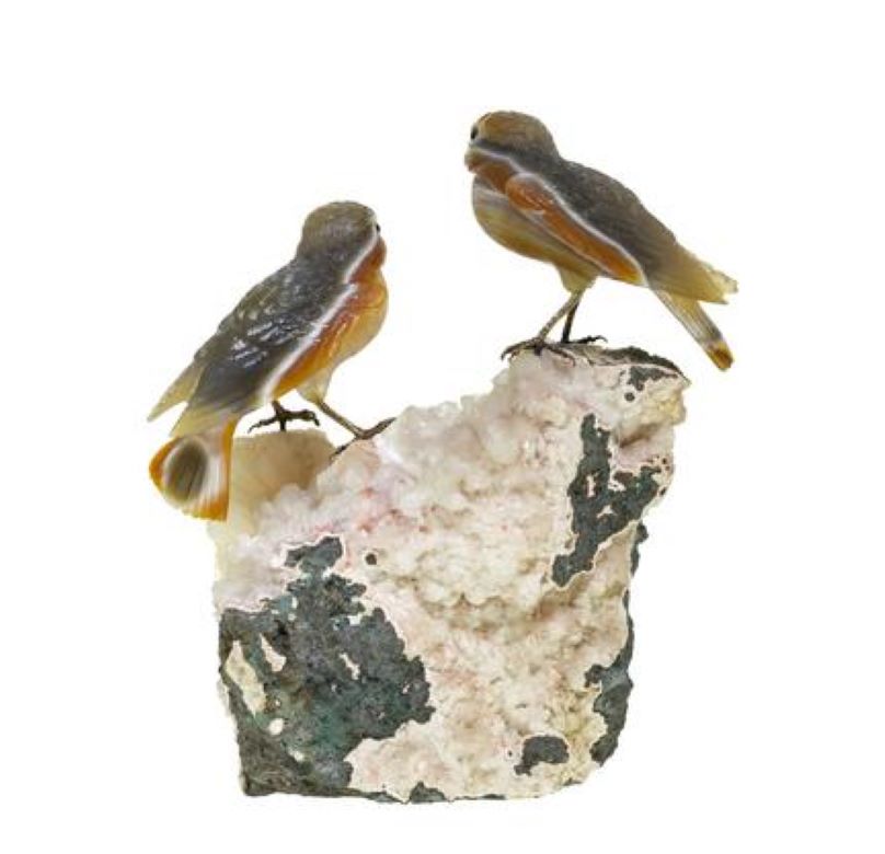 Gübelin Couple de Moineaux Sculpture Agate Calcite