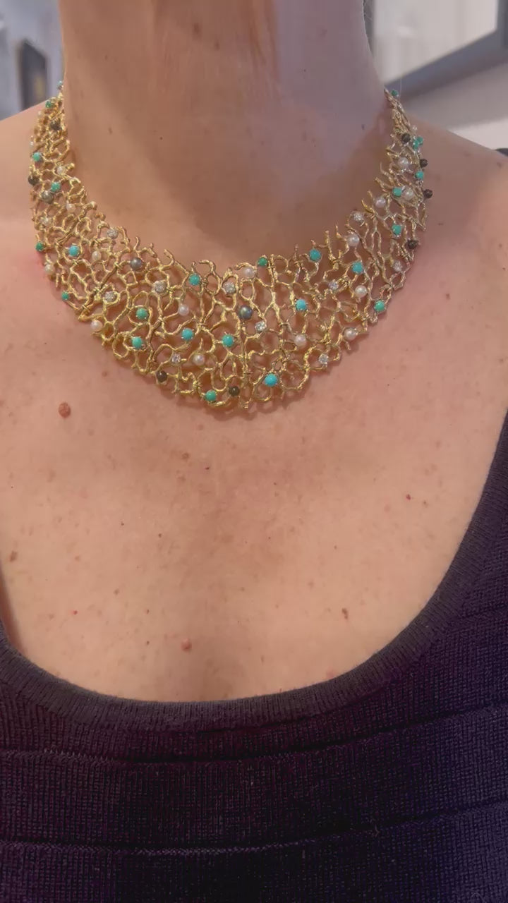 Collier Gilbert Albert Turquoises Diamants Perles Or jaune 18 carats
