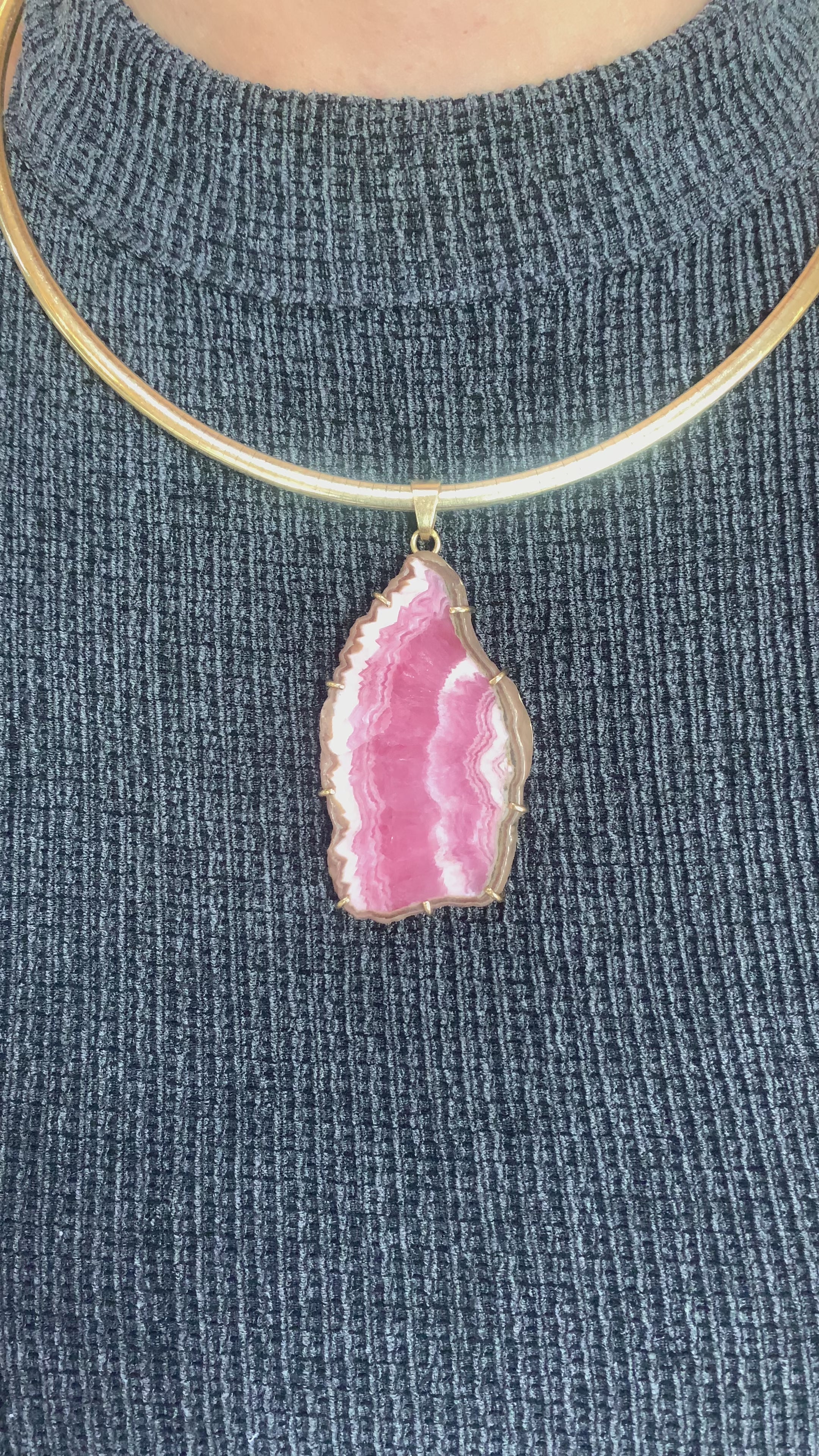 Grand Pendentif Vintage Tranche Rhodochrosite Or Jaune 18 Carats