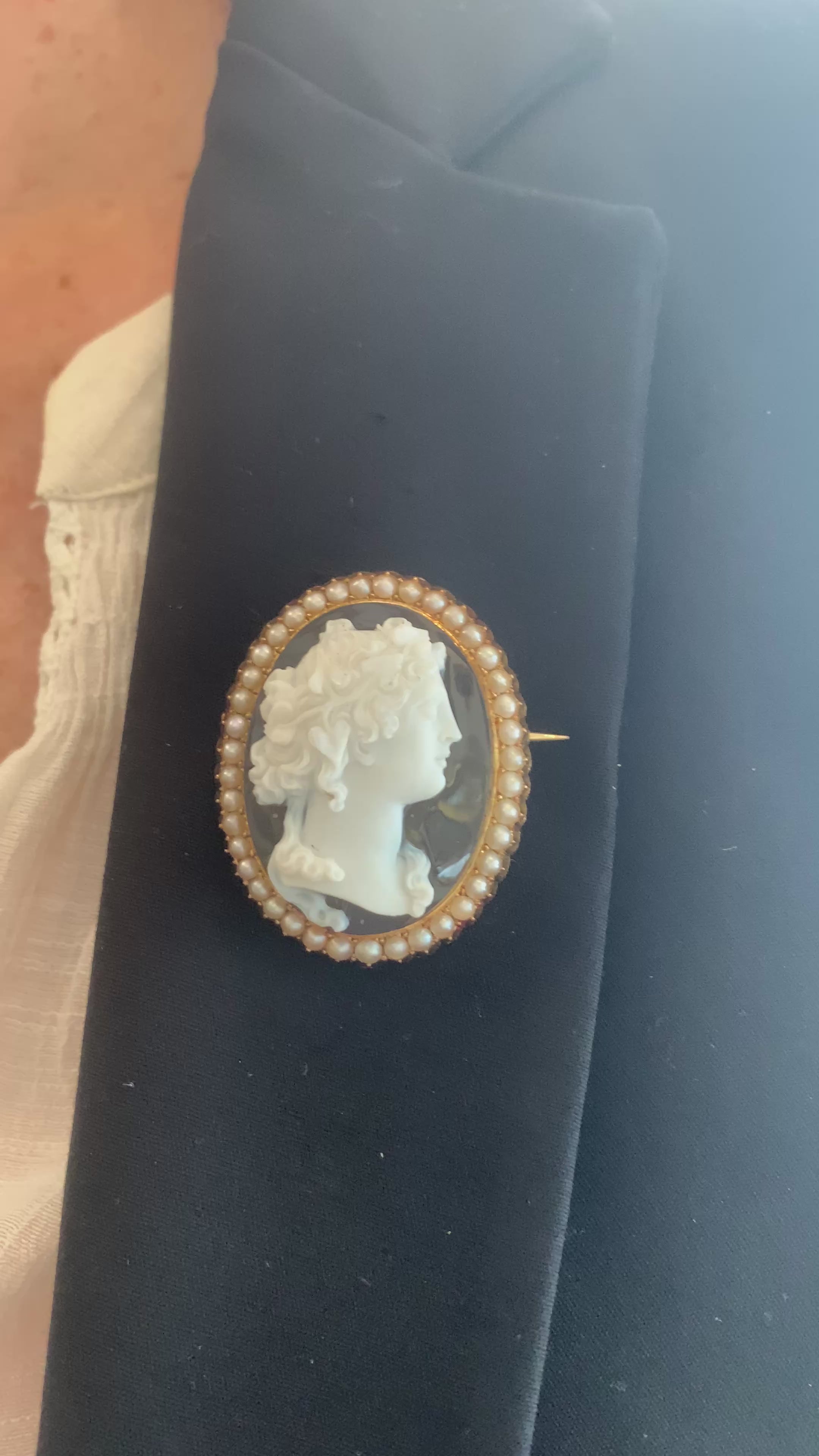 Broche Ancienne Camée Sardonyx Perles Or Jaune 18 Carats