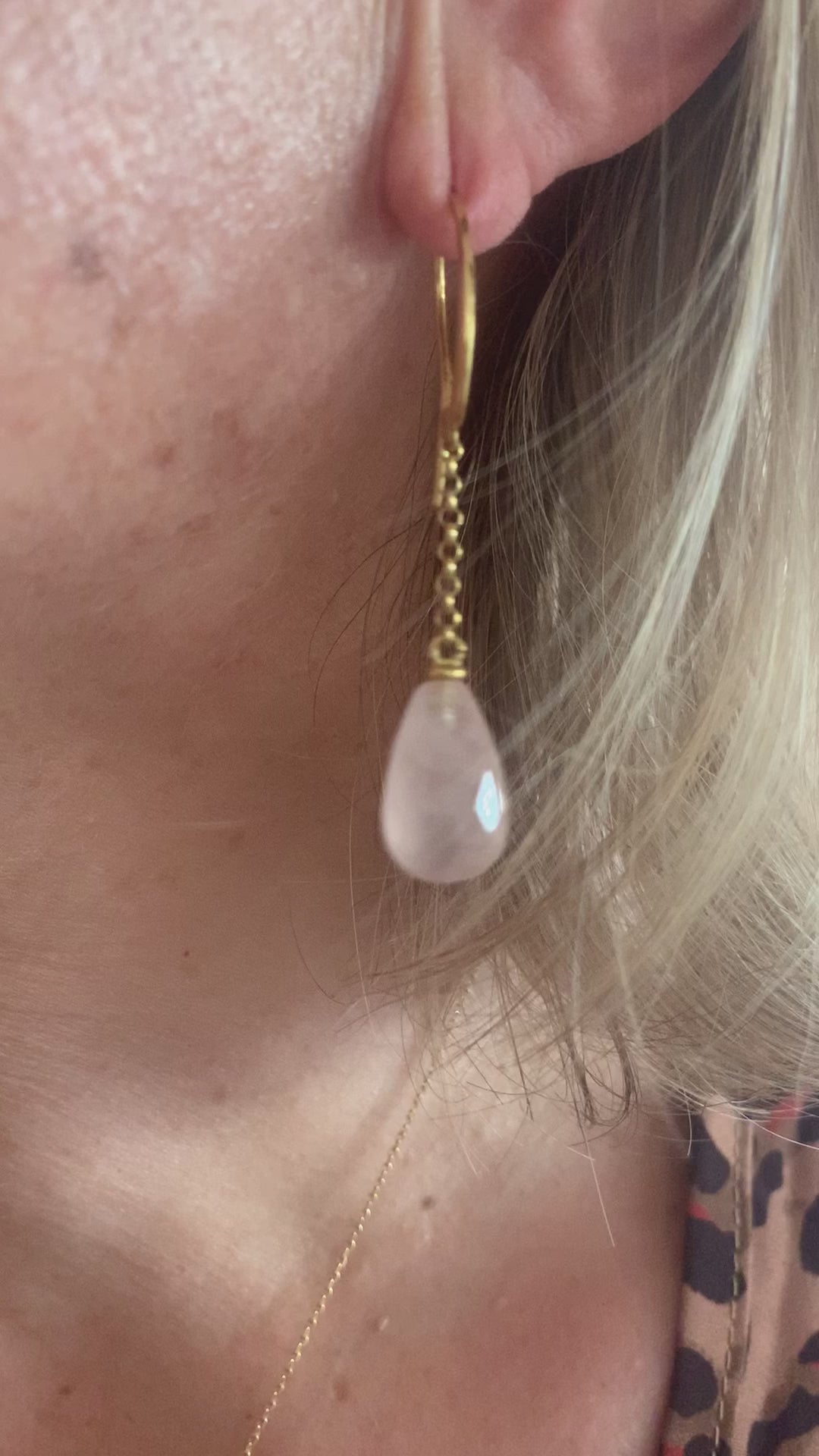 Boucles d’Oreilles Gouttes Quartz Rose Or Jaune 18 carats
