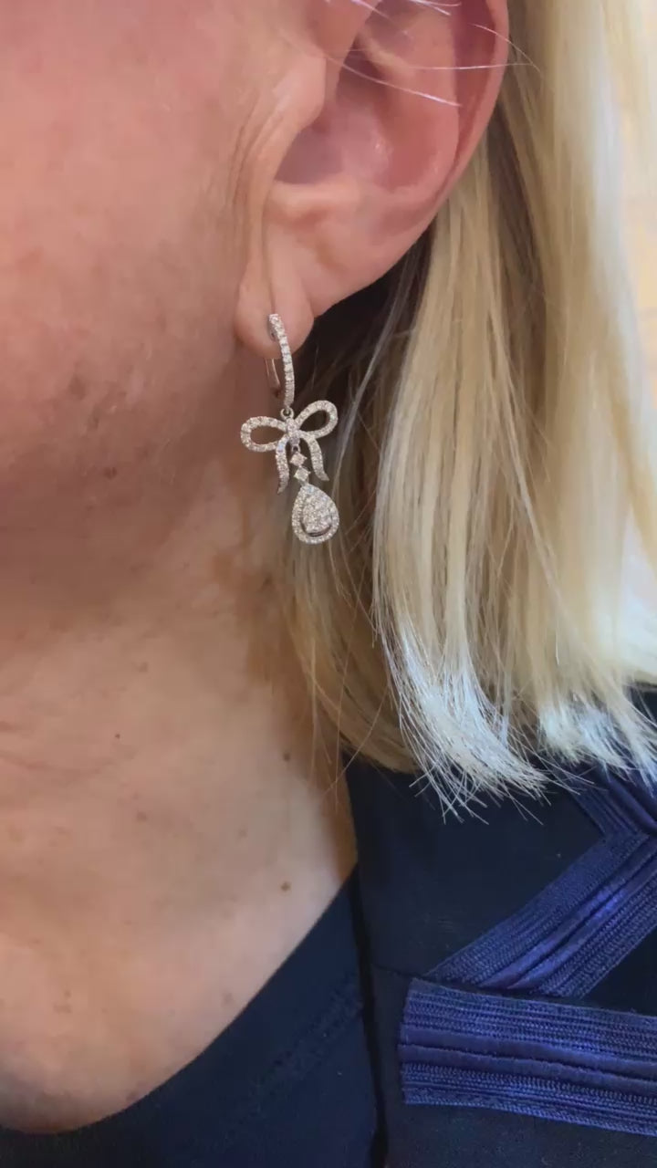 Ribbon Bow Diamonds 18 Carats White Gold Dormeuses Earrings