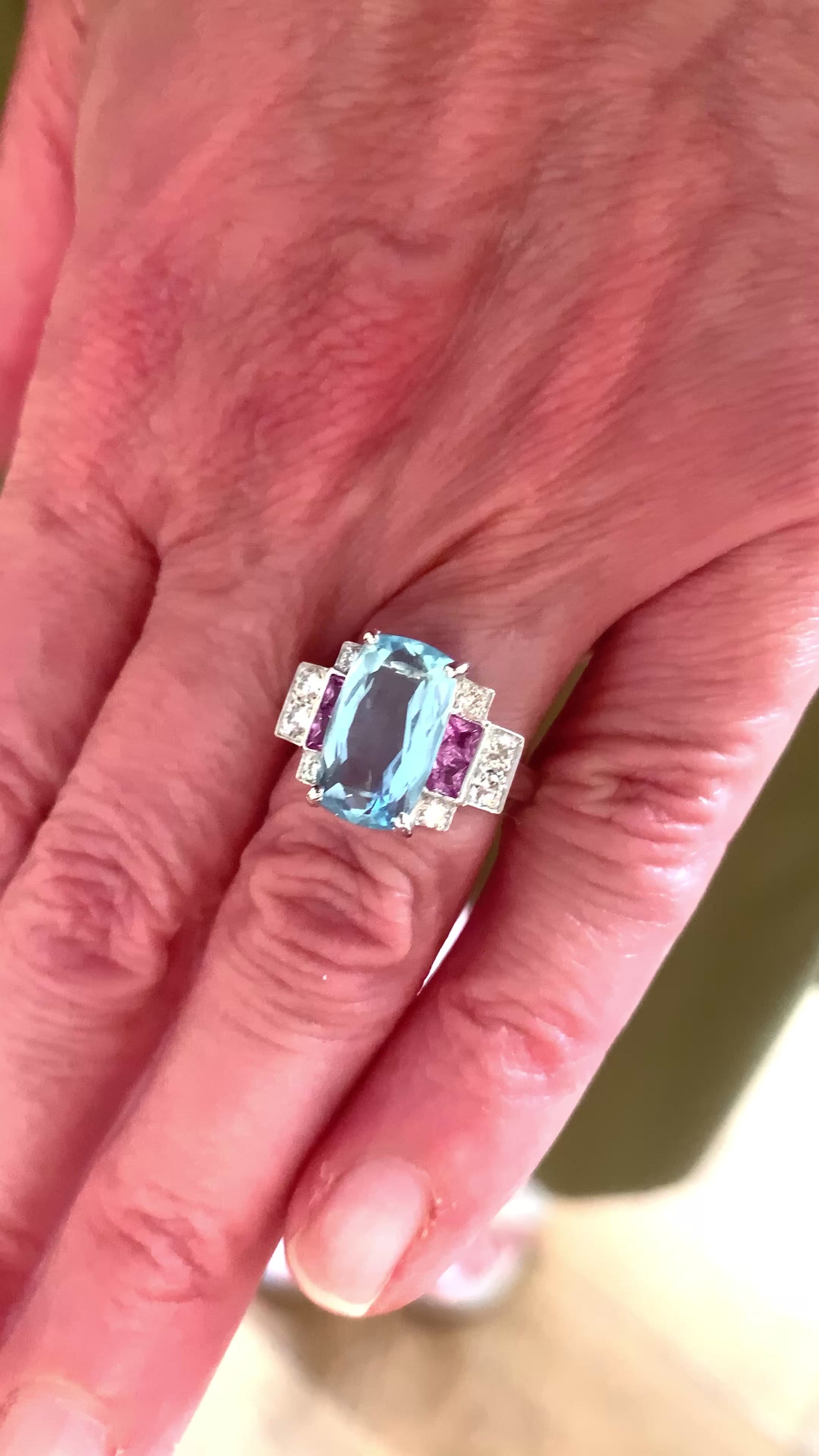 Bague Aigue-Marine 3 Carats Saphirs Roses Diamants Or Gris 18 Carats