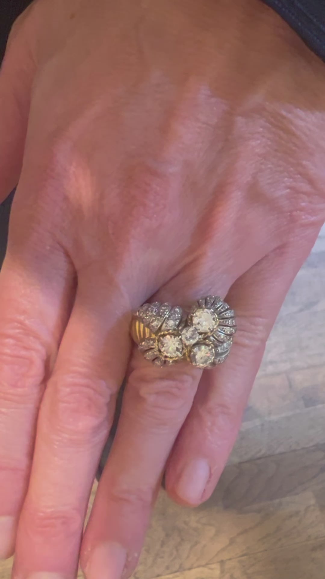 Retro 2 Carats Diamonds Platinum 18 Carats Yellow Gold Cocktail Ring