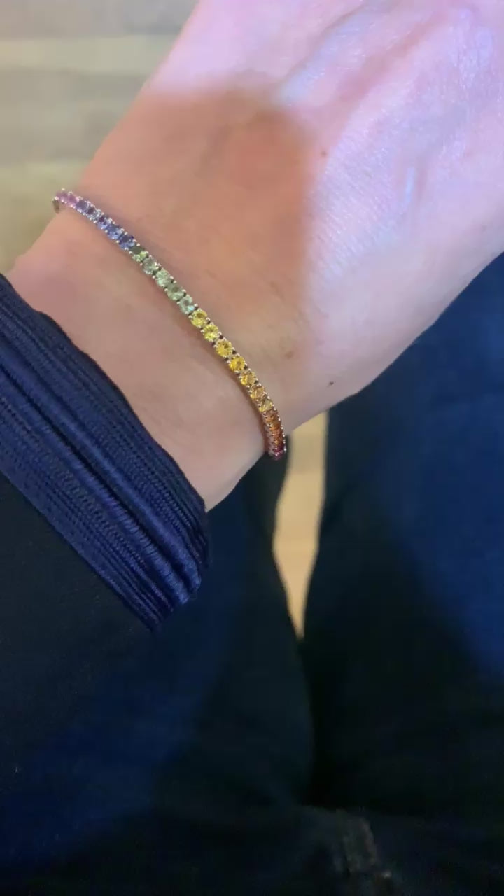 Bracelet Tennis Saphirs Arc-En-Ciel 5 Carats Or Gris 18 Carats