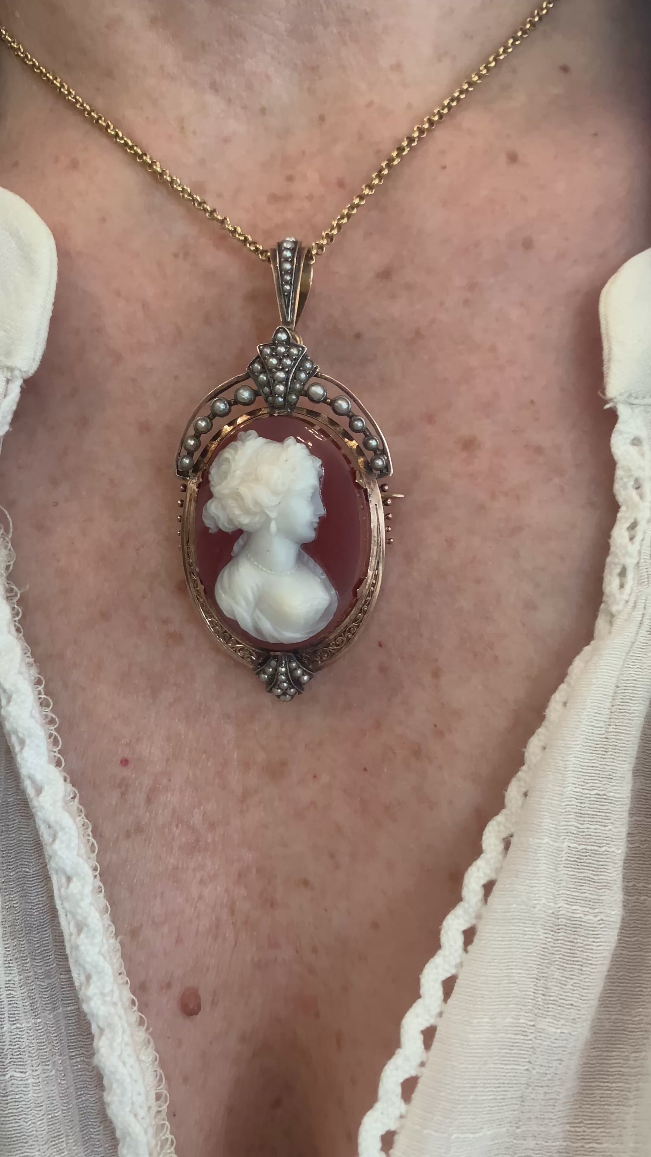 Broche Pendentif Ancien Camée Agate Perles Argent Or Jaune 18 Carats
