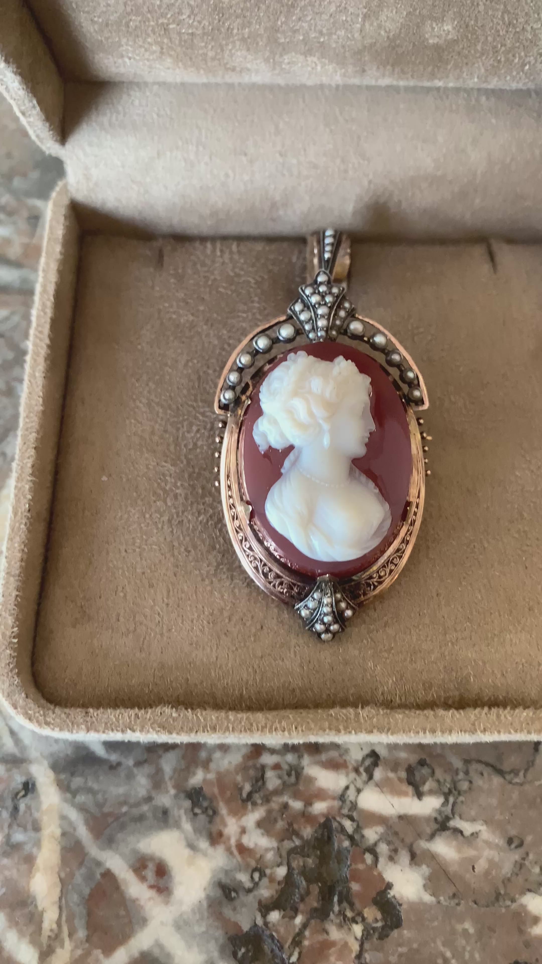 Broche Pendentif Ancien Camée Agate Perles Argent Or Jaune 18 Carats